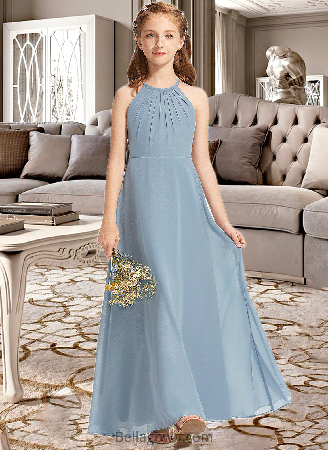 Alma A-Line Scoop Neck Floor-Length Chiffon Junior Bridesmaid Dress With Ruffle DNP0013353