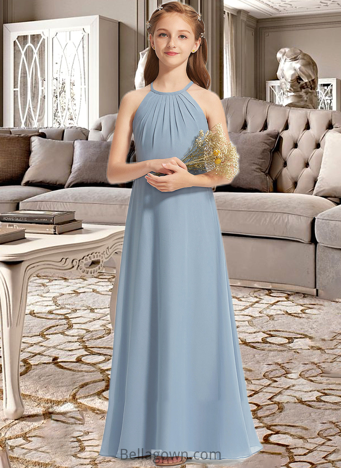 Alma A-Line Scoop Neck Floor-Length Chiffon Junior Bridesmaid Dress With Ruffle DNP0013353