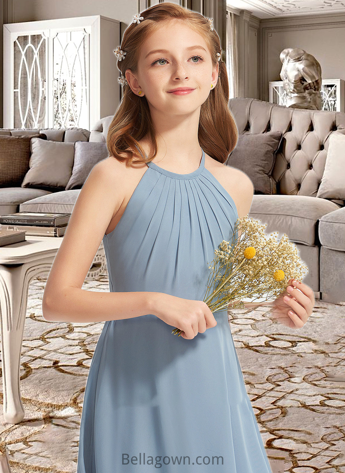 Alma A-Line Scoop Neck Floor-Length Chiffon Junior Bridesmaid Dress With Ruffle DNP0013353