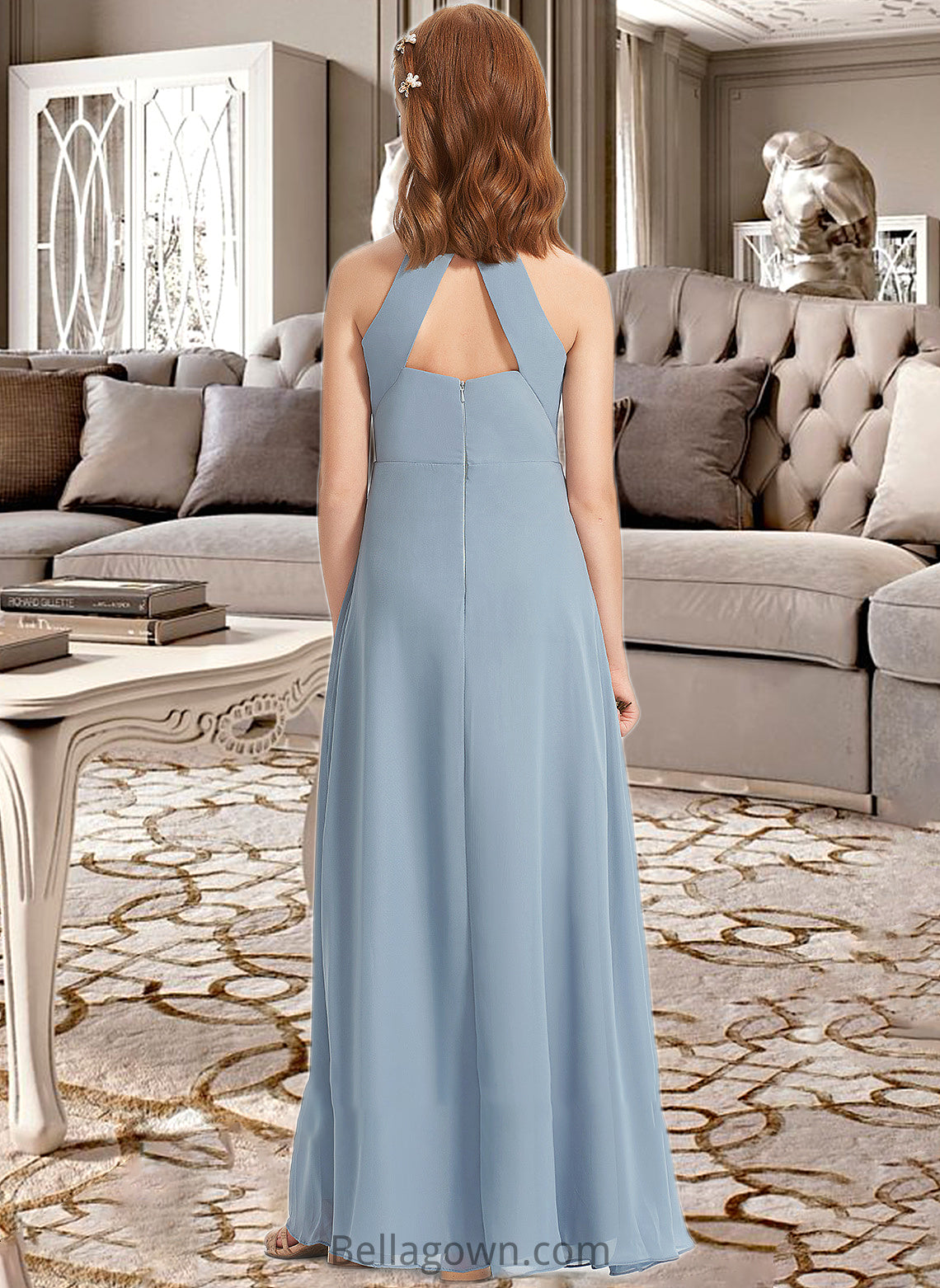 Alma A-Line Scoop Neck Floor-Length Chiffon Junior Bridesmaid Dress With Ruffle DNP0013353