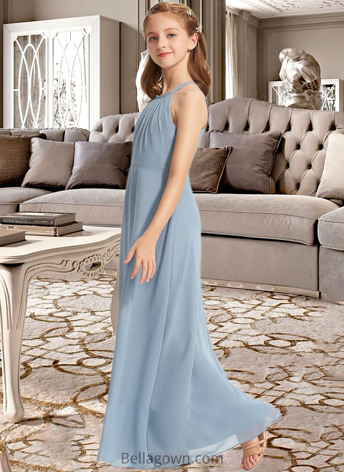 Alma A-Line Scoop Neck Floor-Length Chiffon Junior Bridesmaid Dress With Ruffle DNP0013353