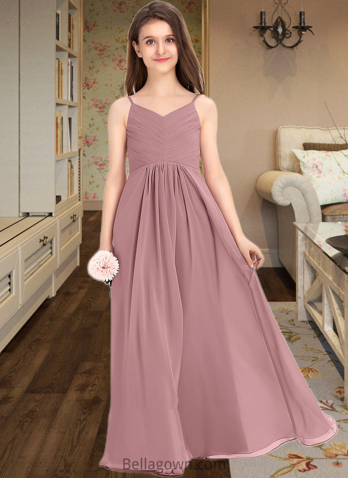 Akira A-Line V-neck Floor-Length Chiffon Junior Bridesmaid Dress With Ruffle DNP0013354