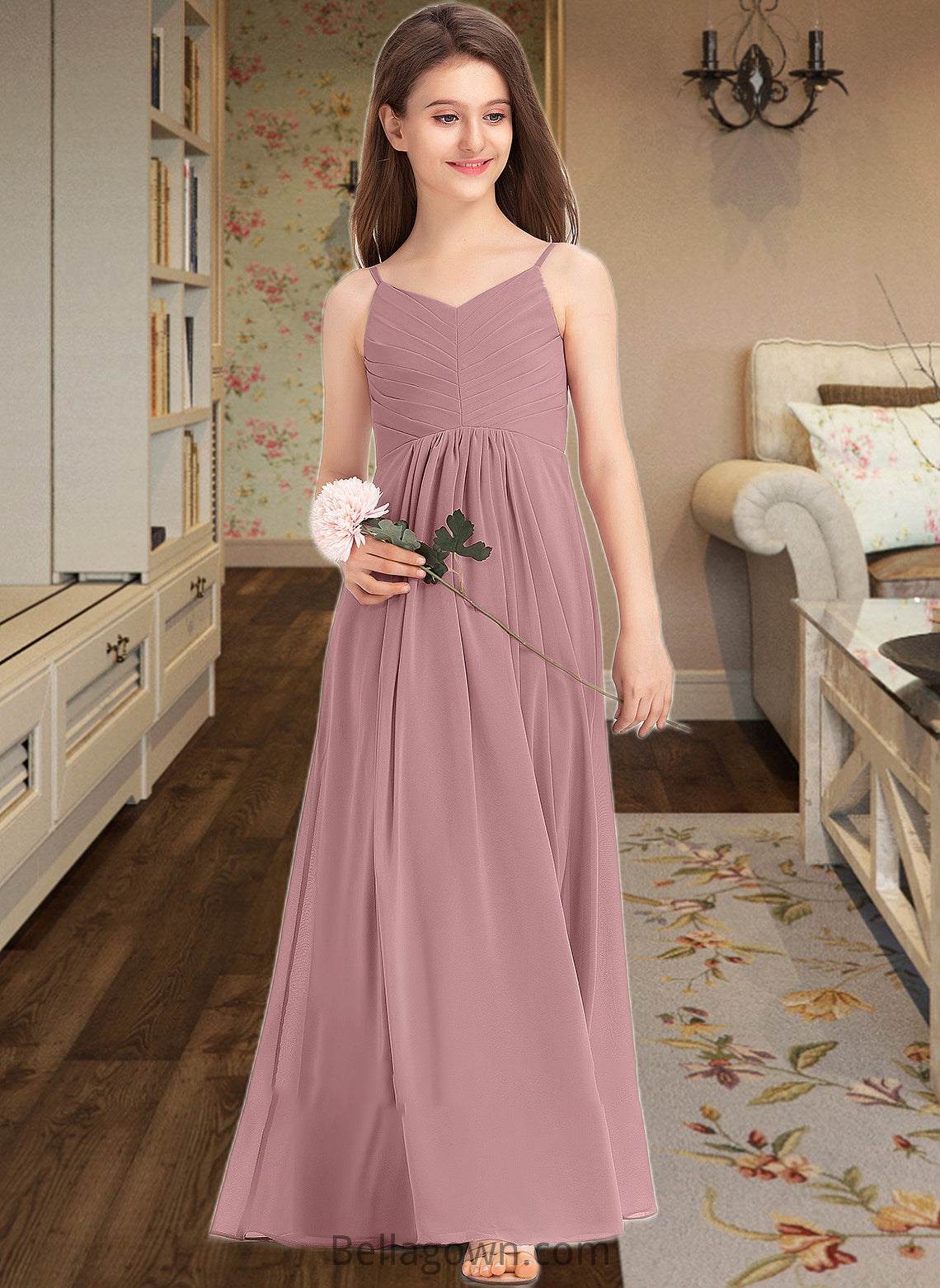 Akira A-Line V-neck Floor-Length Chiffon Junior Bridesmaid Dress With Ruffle DNP0013354