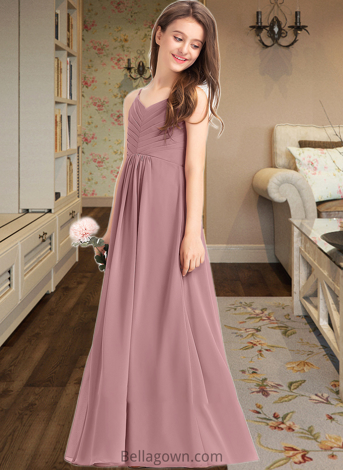 Akira A-Line V-neck Floor-Length Chiffon Junior Bridesmaid Dress With Ruffle DNP0013354