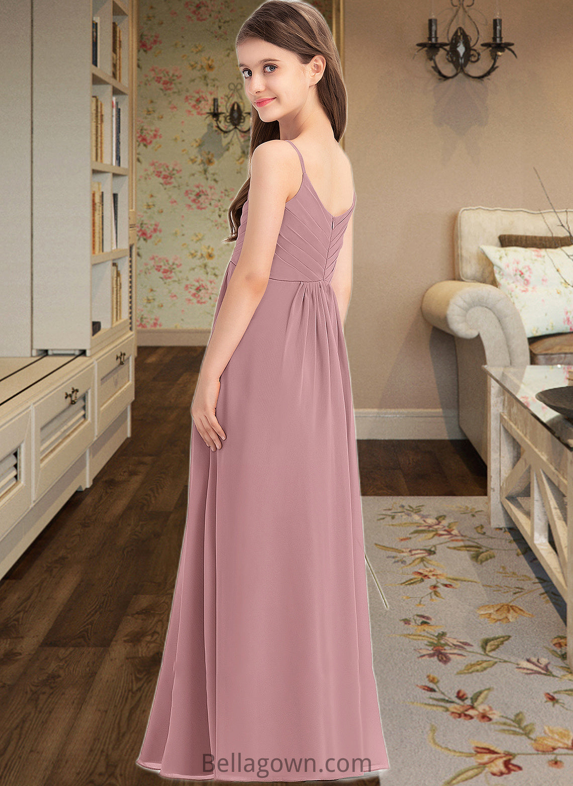 Akira A-Line V-neck Floor-Length Chiffon Junior Bridesmaid Dress With Ruffle DNP0013354