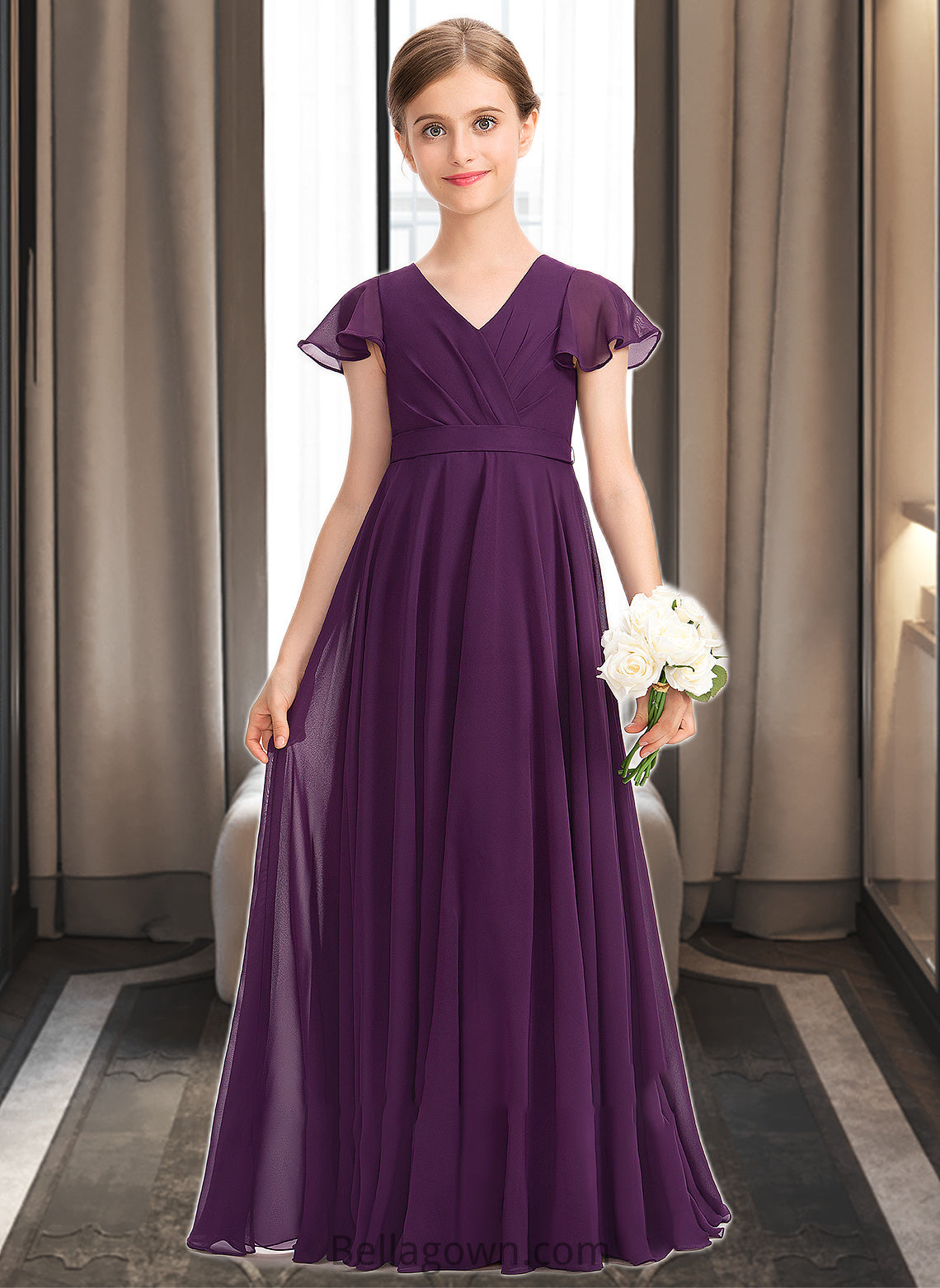 Mandy A-Line V-neck Floor-Length Chiffon Junior Bridesmaid Dress With Bow(s) Cascading Ruffles DNP0013355