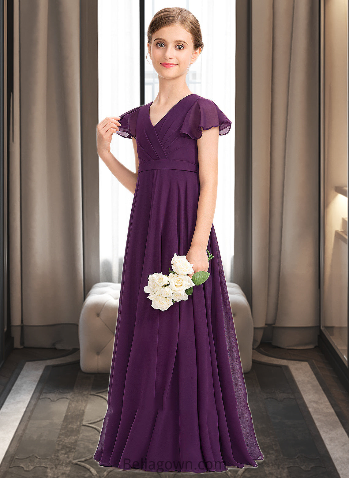 Mandy A-Line V-neck Floor-Length Chiffon Junior Bridesmaid Dress With Bow(s) Cascading Ruffles DNP0013355