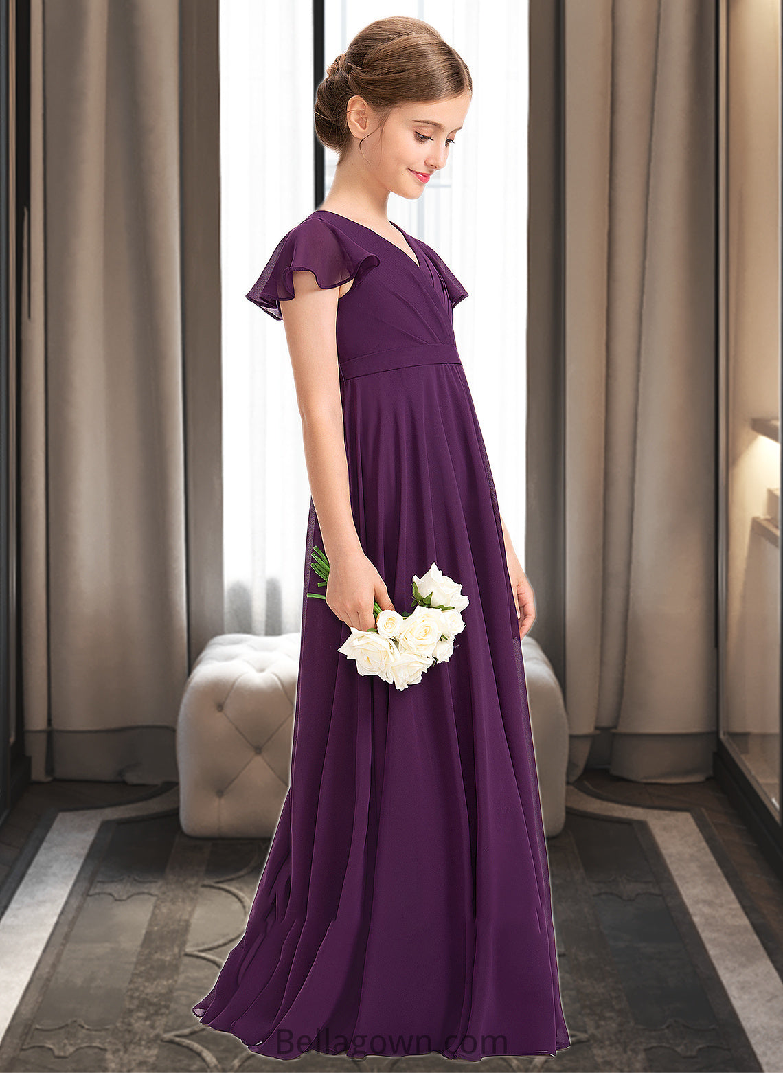 Mandy A-Line V-neck Floor-Length Chiffon Junior Bridesmaid Dress With Bow(s) Cascading Ruffles DNP0013355