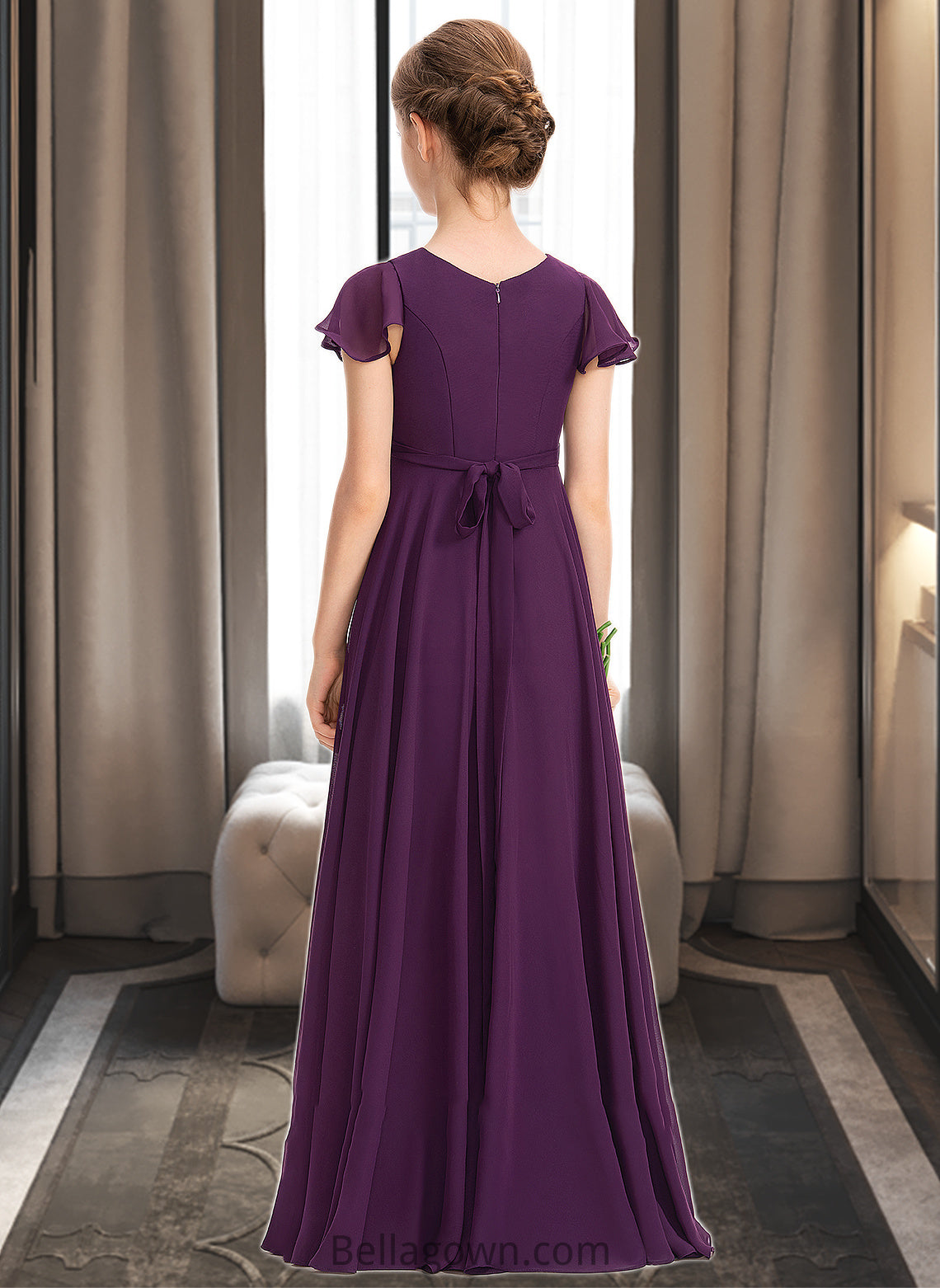 Mandy A-Line V-neck Floor-Length Chiffon Junior Bridesmaid Dress With Bow(s) Cascading Ruffles DNP0013355