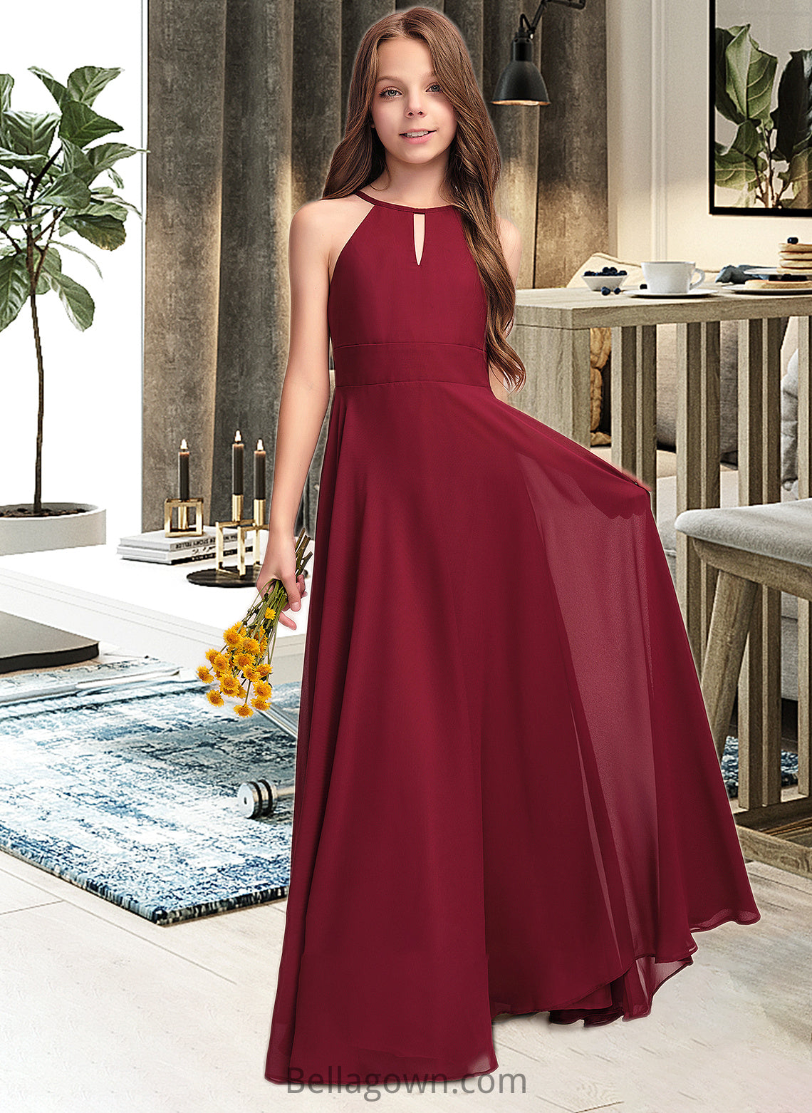 Desirae A-Line Scoop Neck Floor-Length Chiffon Junior Bridesmaid Dress DNP0013357