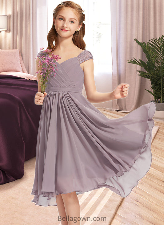 Livia A-Line V-neck Knee-Length Chiffon Lace Junior Bridesmaid Dress With Ruffle DNP0013358