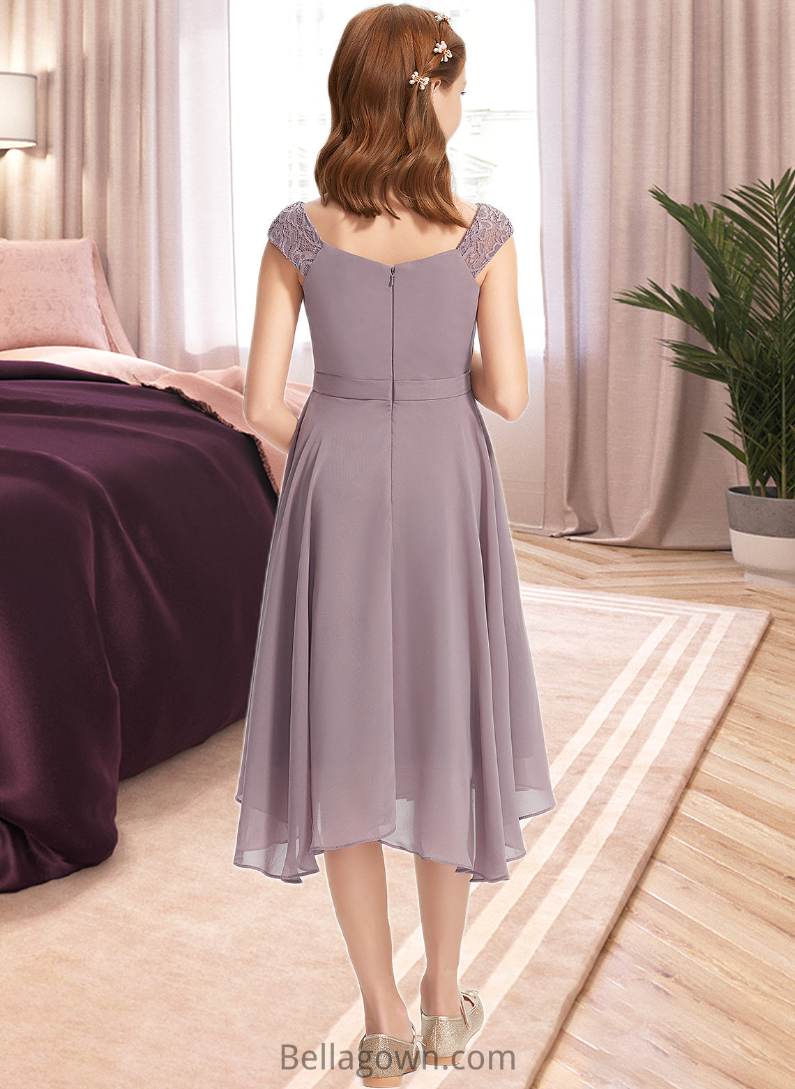 Livia A-Line V-neck Knee-Length Chiffon Lace Junior Bridesmaid Dress With Ruffle DNP0013358