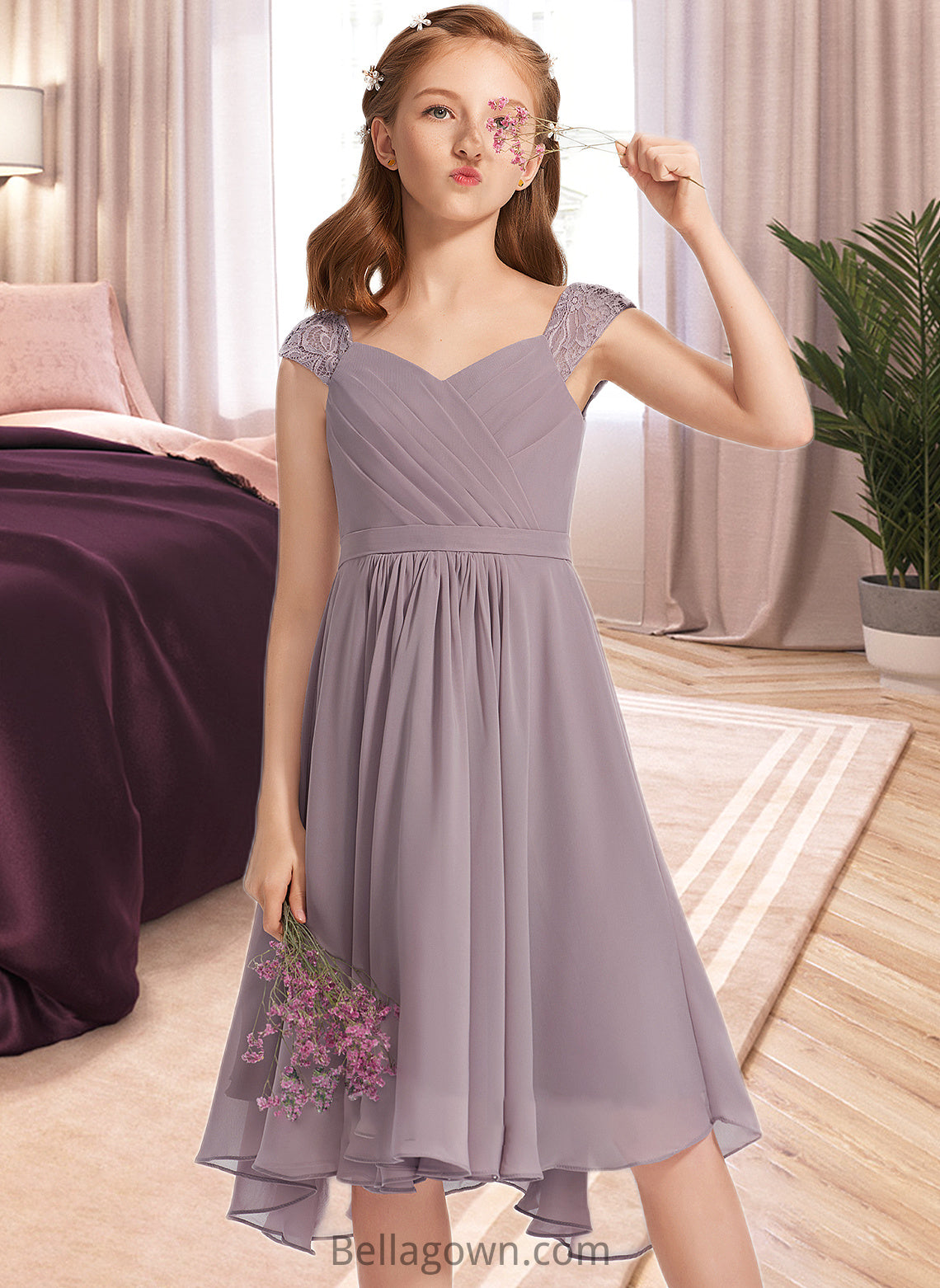 Livia A-Line V-neck Knee-Length Chiffon Lace Junior Bridesmaid Dress With Ruffle DNP0013358