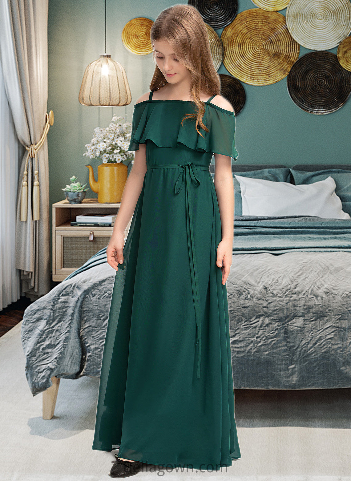 Mia A-Line Off-the-Shoulder Floor-Length Chiffon Junior Bridesmaid Dress With Bow(s) DNP0013359