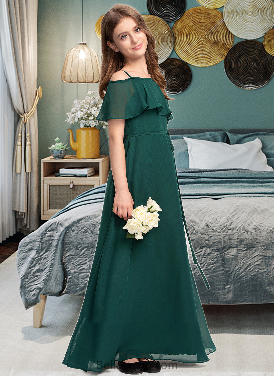 Mia A-Line Off-the-Shoulder Floor-Length Chiffon Junior Bridesmaid Dress With Bow(s) DNP0013359