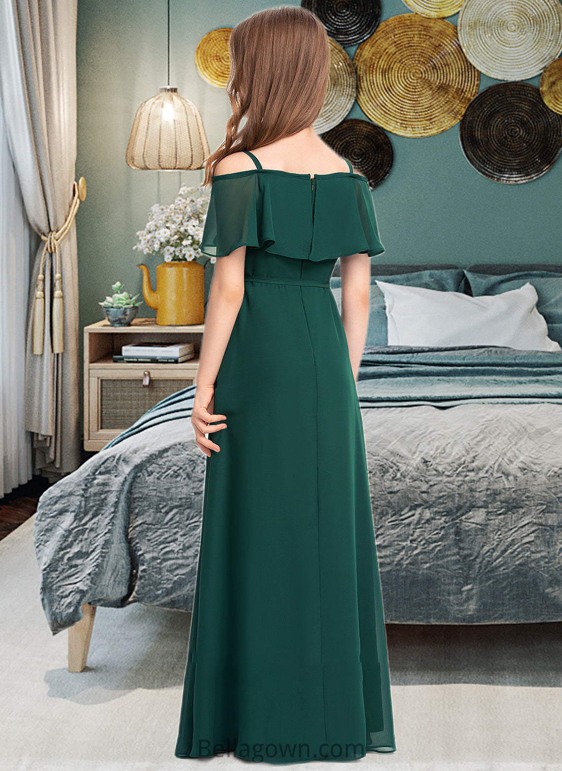 Mia A-Line Off-the-Shoulder Floor-Length Chiffon Junior Bridesmaid Dress With Bow(s) DNP0013359