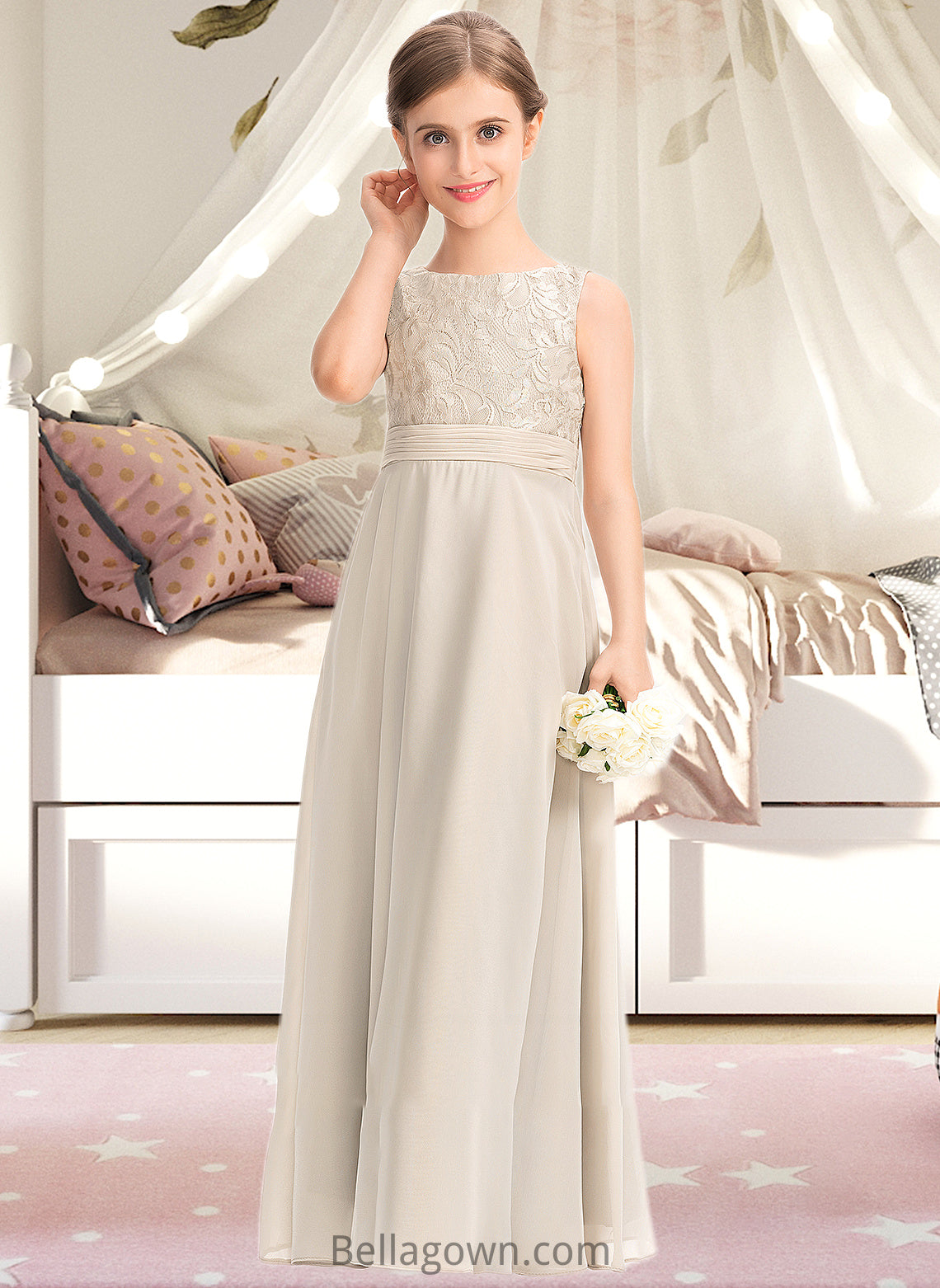 Maud A-Line Scoop Neck Floor-Length Chiffon Lace Junior Bridesmaid Dress With Ruffle DNP0013360