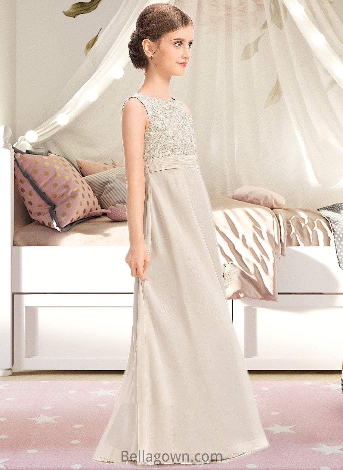 Maud A-Line Scoop Neck Floor-Length Chiffon Lace Junior Bridesmaid Dress With Ruffle DNP0013360