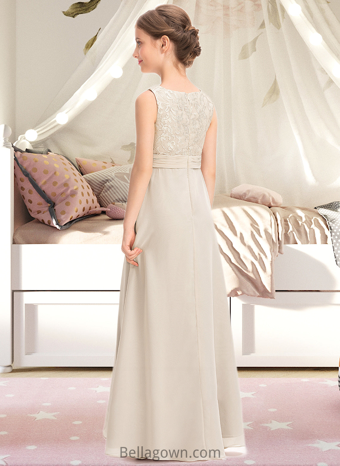 Maud A-Line Scoop Neck Floor-Length Chiffon Lace Junior Bridesmaid Dress With Ruffle DNP0013360