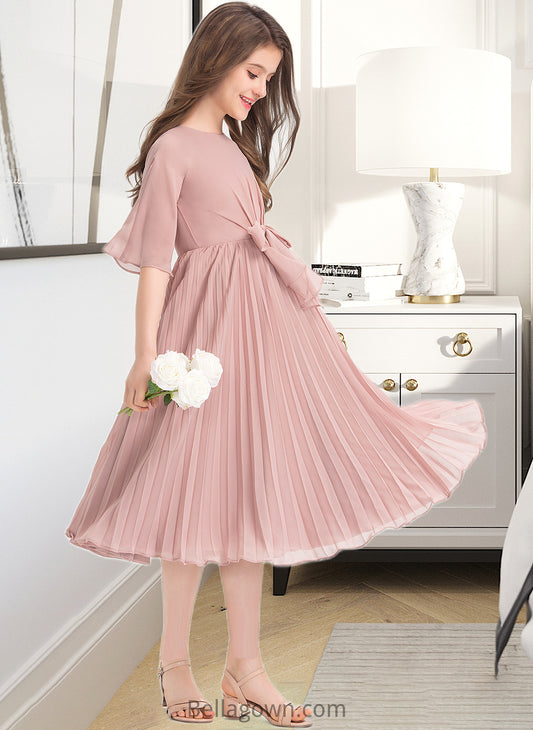 Alayna A-Line Scoop Neck Knee-Length Chiffon Junior Bridesmaid Dress With Bow(s) Pleated DNP0013377