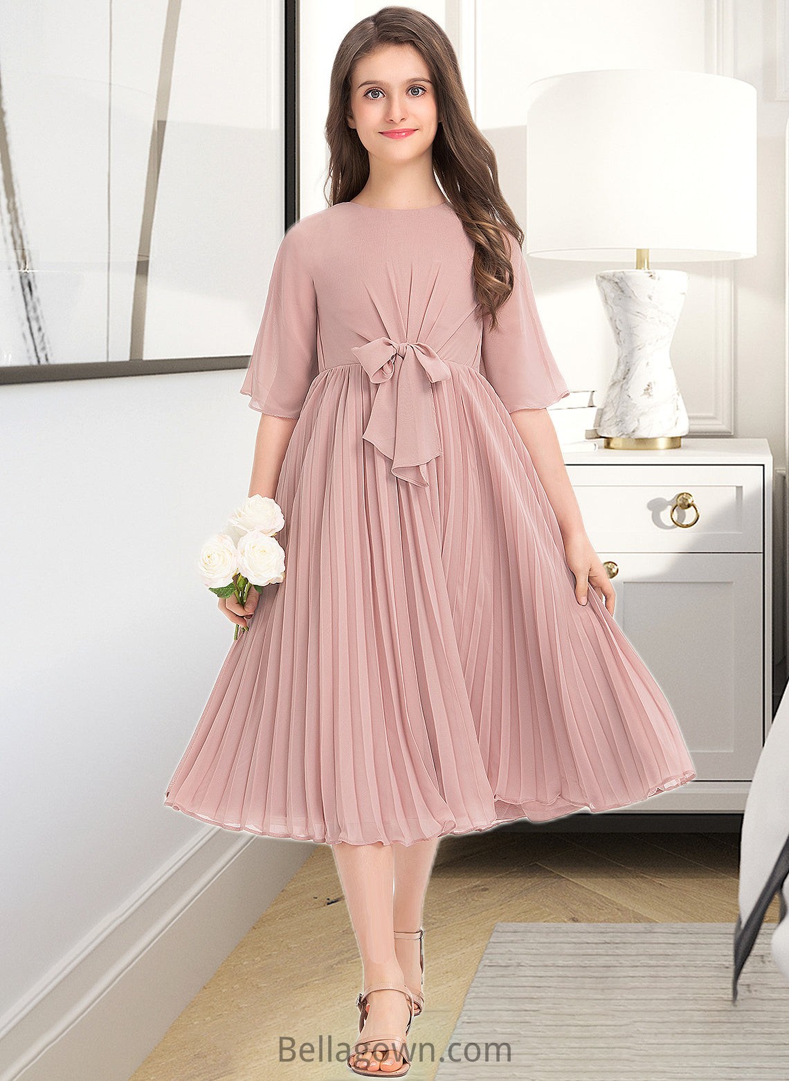 Alayna A-Line Scoop Neck Knee-Length Chiffon Junior Bridesmaid Dress With Bow(s) Pleated DNP0013377