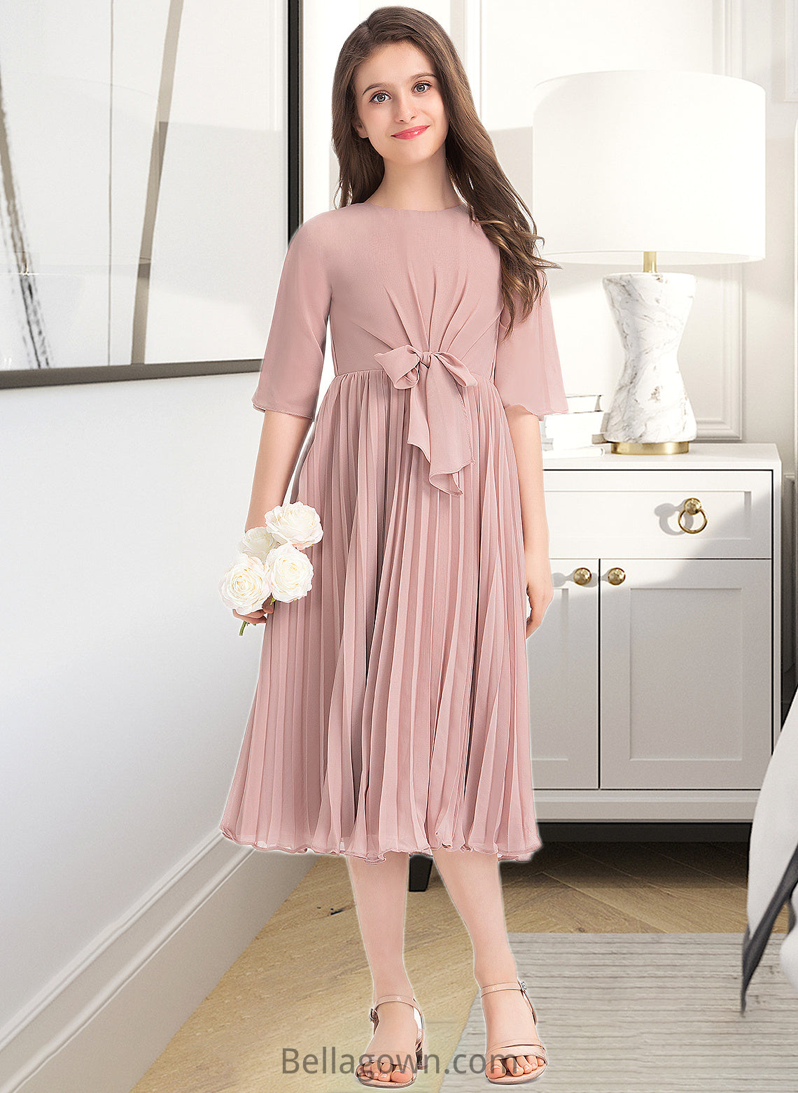 Alayna A-Line Scoop Neck Knee-Length Chiffon Junior Bridesmaid Dress With Bow(s) Pleated DNP0013377