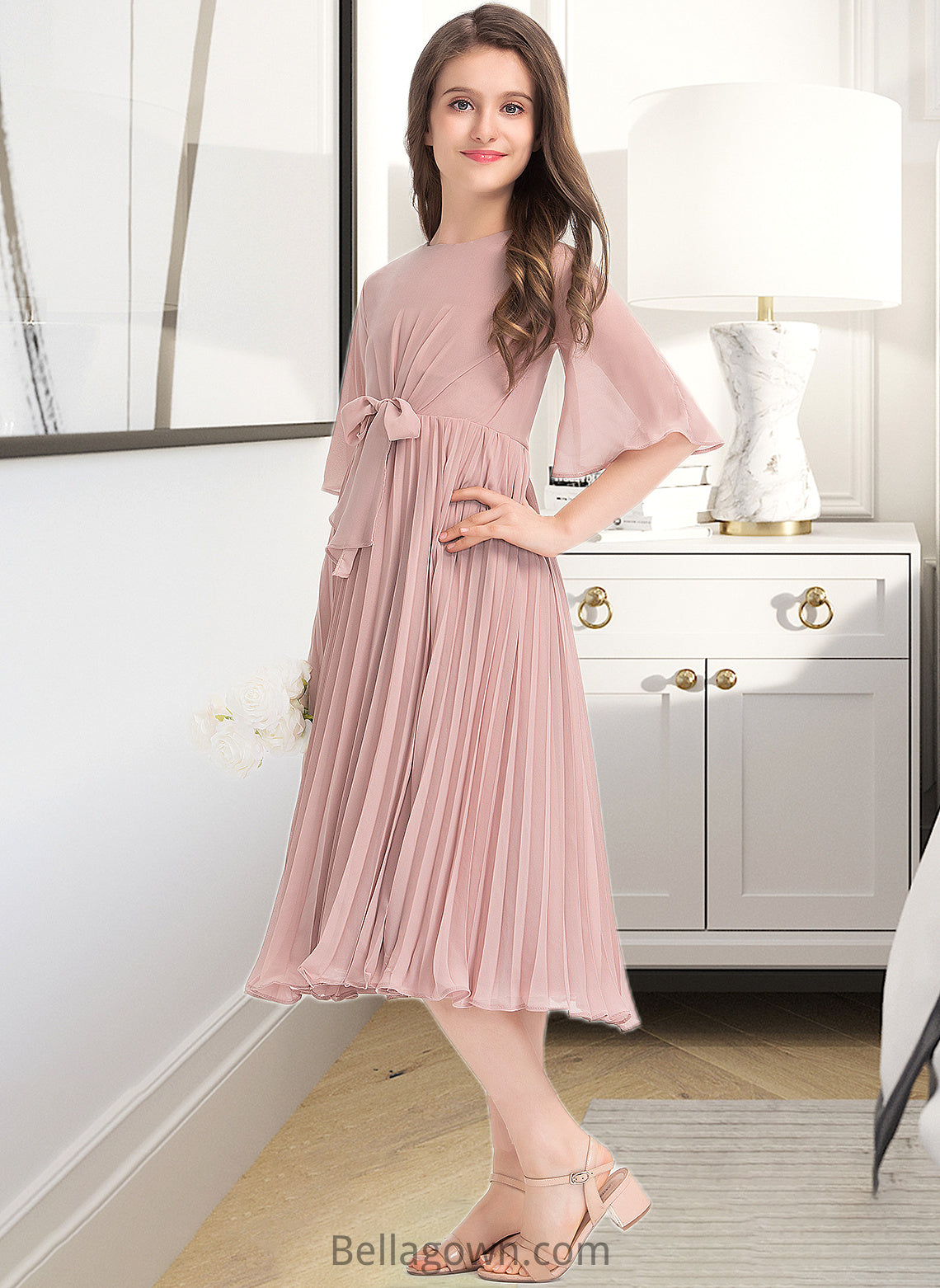 Alayna A-Line Scoop Neck Knee-Length Chiffon Junior Bridesmaid Dress With Bow(s) Pleated DNP0013377