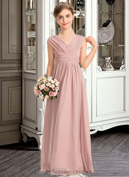 Lilianna A-Line V-neck Floor-Length Chiffon Junior Bridesmaid Dress With Ruffle Bow(s) DNP0013378