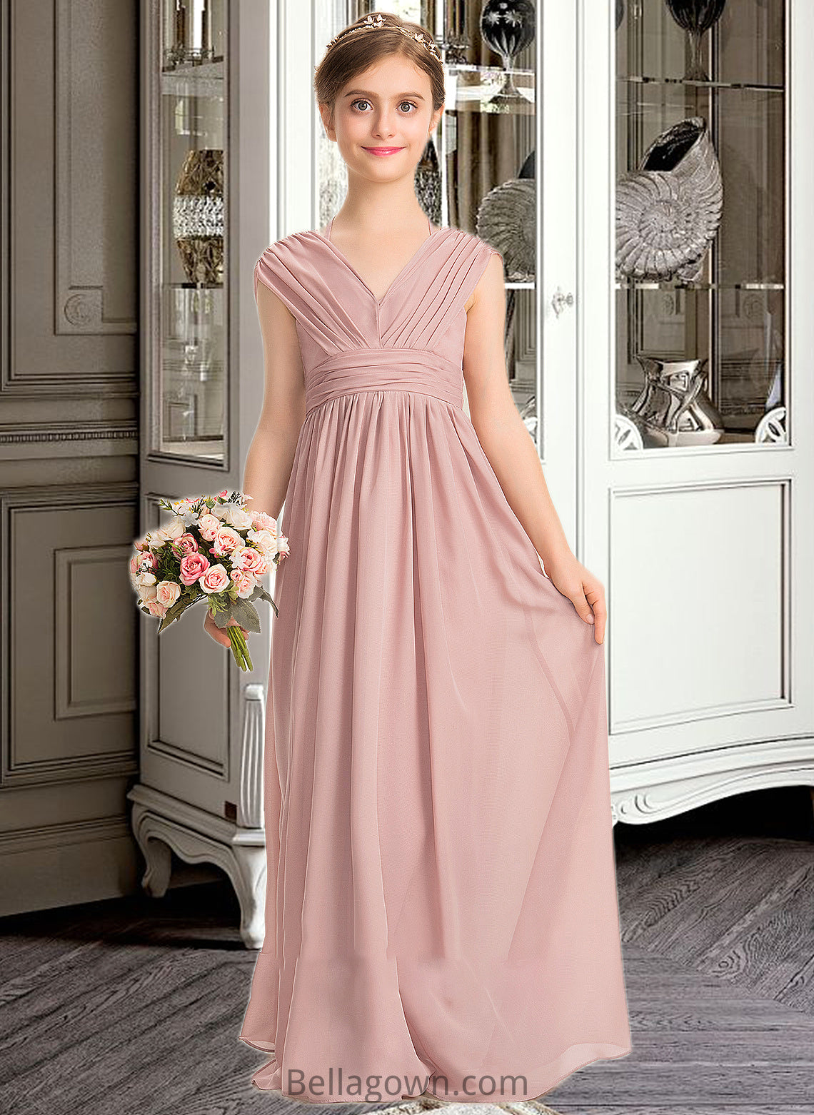 Lilianna A-Line V-neck Floor-Length Chiffon Junior Bridesmaid Dress With Ruffle Bow(s) DNP0013378