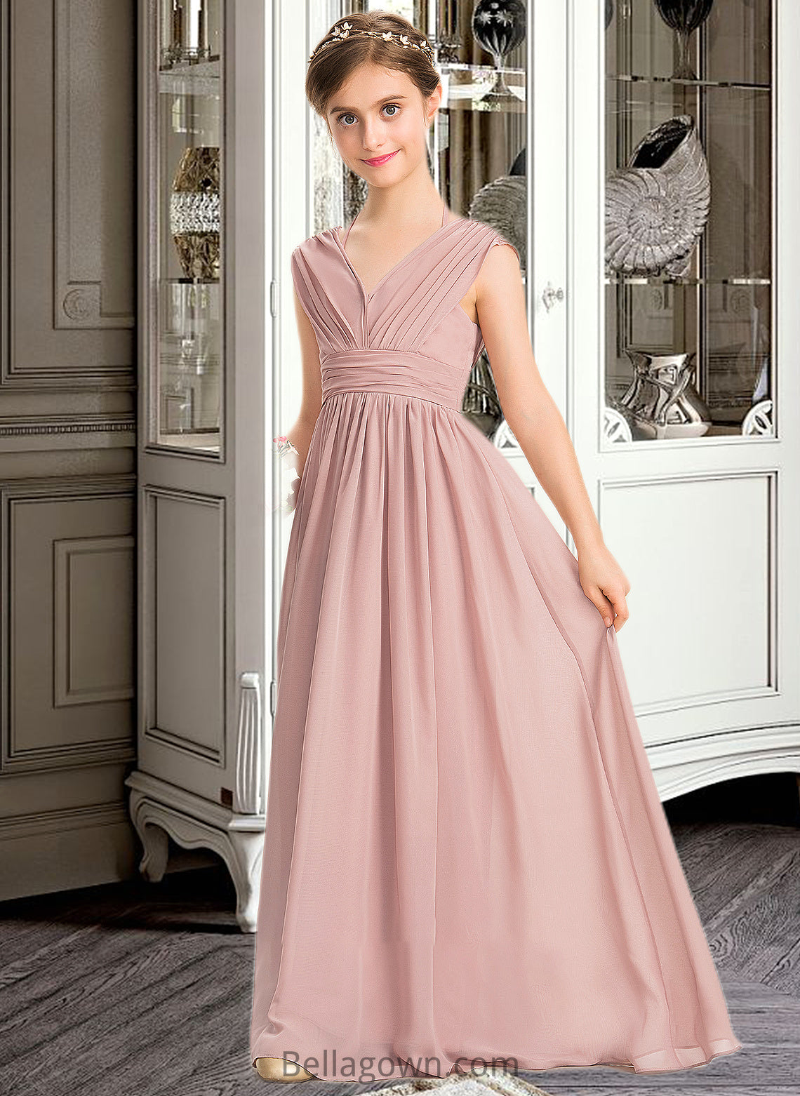 Lilianna A-Line V-neck Floor-Length Chiffon Junior Bridesmaid Dress With Ruffle Bow(s) DNP0013378