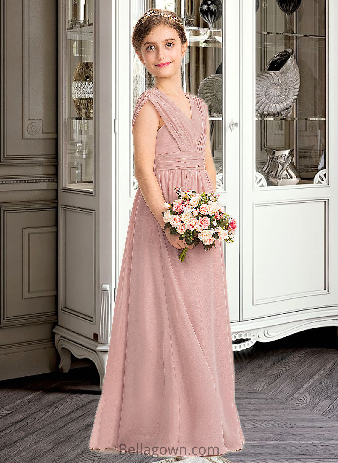 Lilianna A-Line V-neck Floor-Length Chiffon Junior Bridesmaid Dress With Ruffle Bow(s) DNP0013378