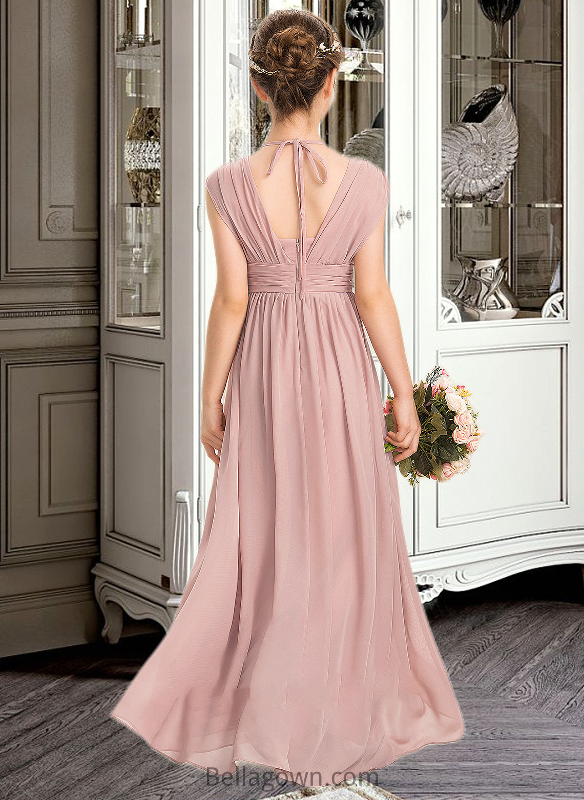 Lilianna A-Line V-neck Floor-Length Chiffon Junior Bridesmaid Dress With Ruffle Bow(s) DNP0013378