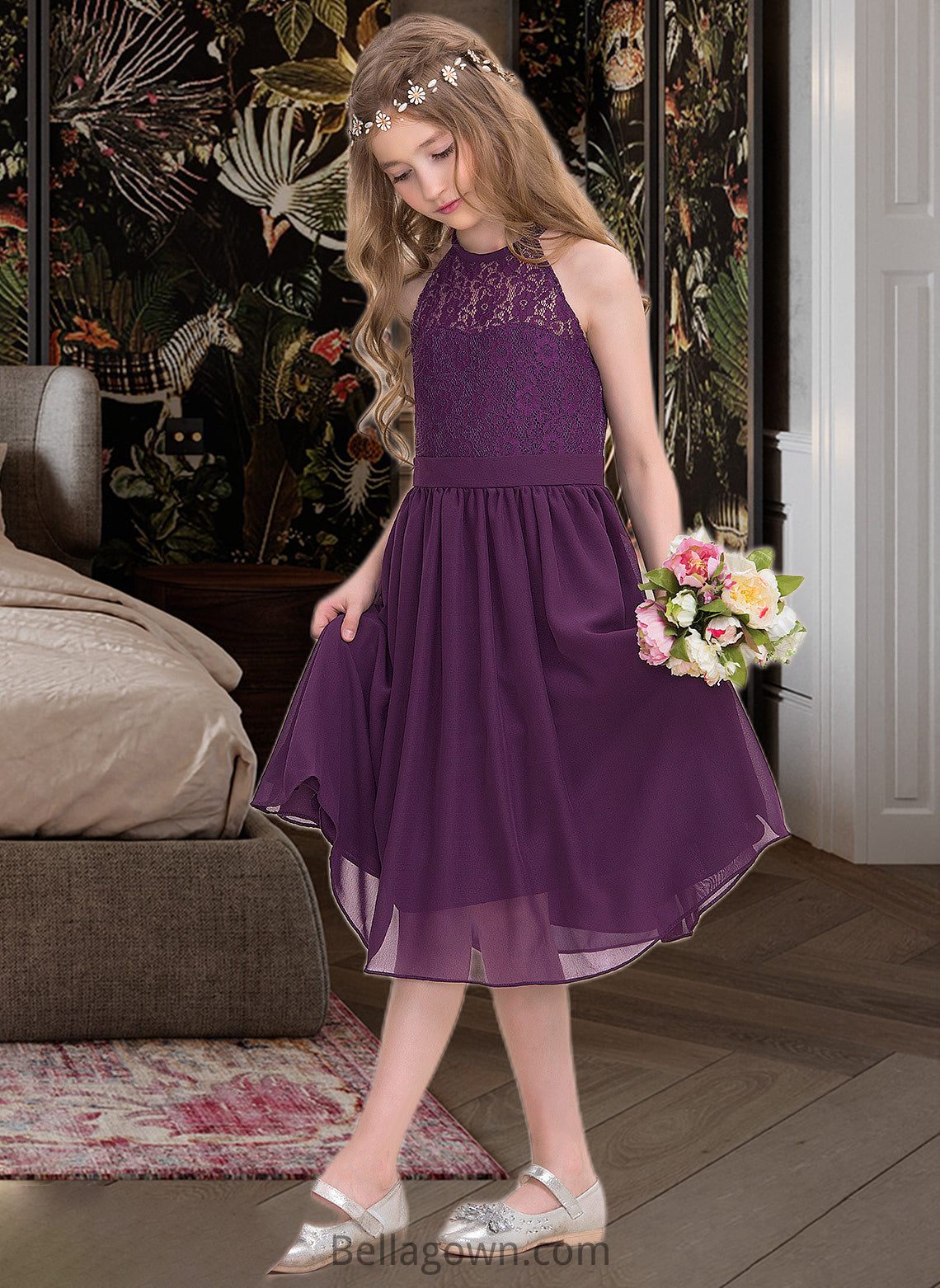 Jocelynn A-Line Scoop Neck Knee-Length Chiffon Junior Bridesmaid Dress DNP0013379