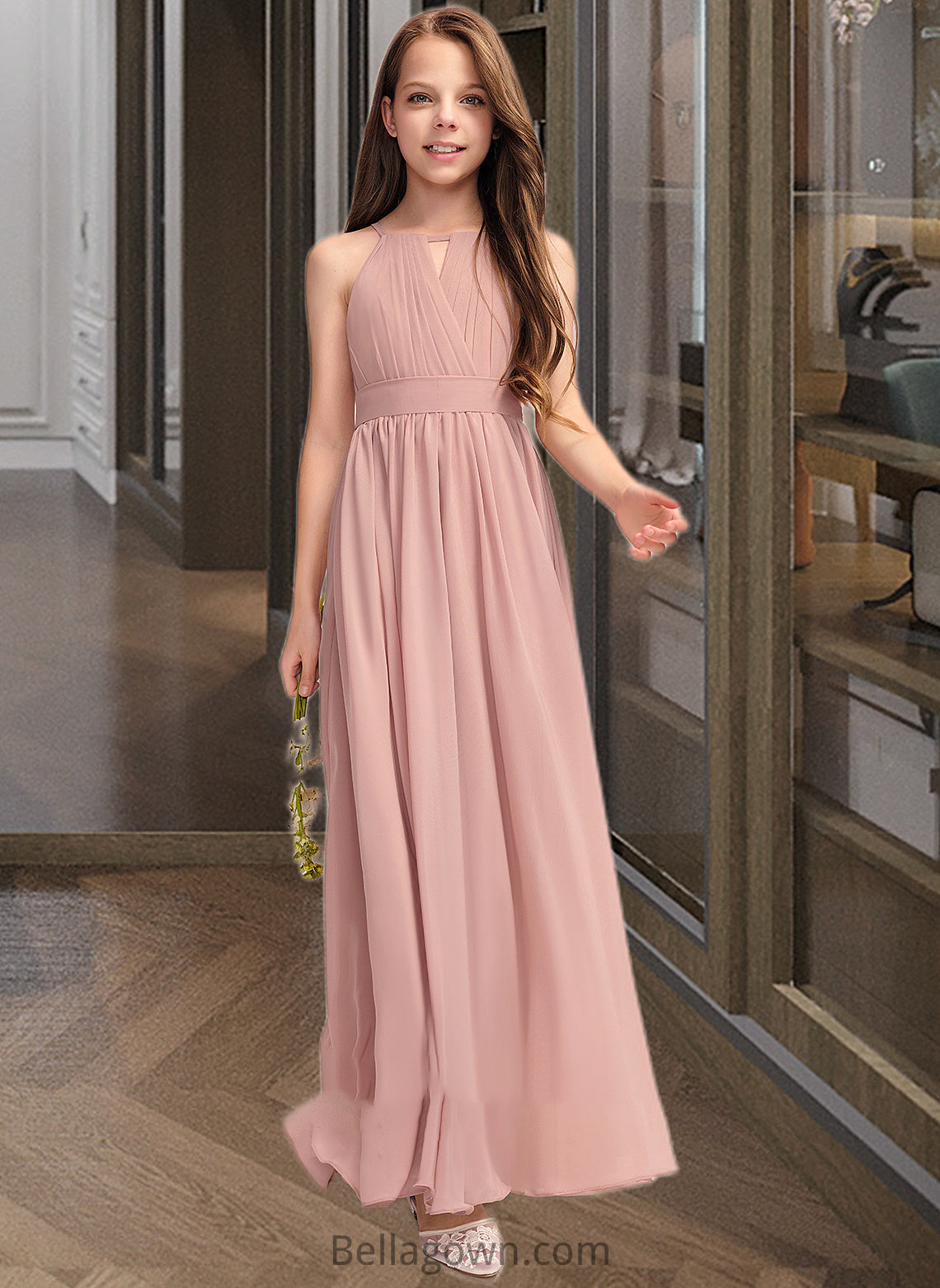 Karly A-Line Scoop Neck Floor-Length Chiffon Junior Bridesmaid Dress With Ruffle Bow(s) DNP0013380