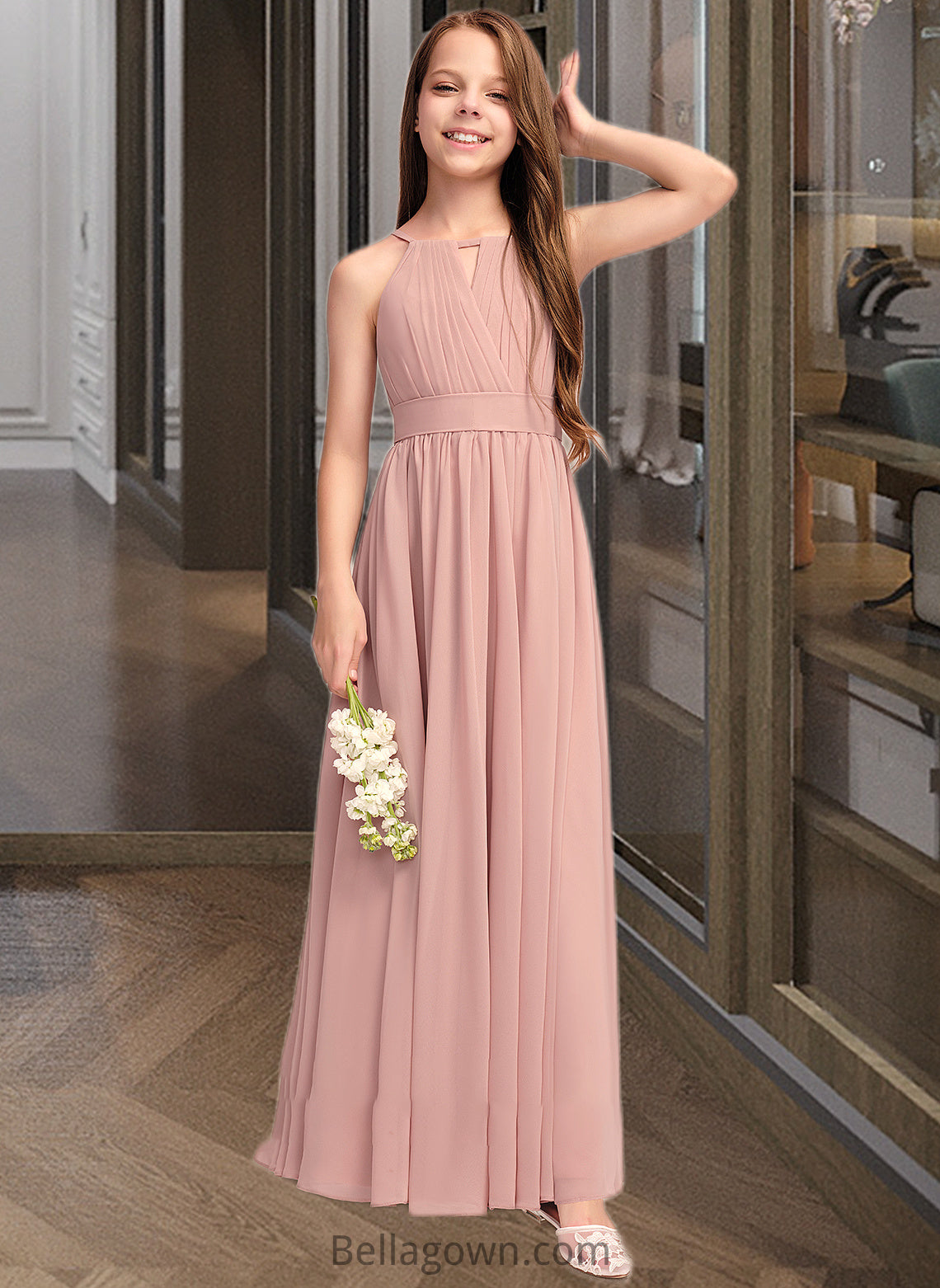 Karly A-Line Scoop Neck Floor-Length Chiffon Junior Bridesmaid Dress With Ruffle Bow(s) DNP0013380