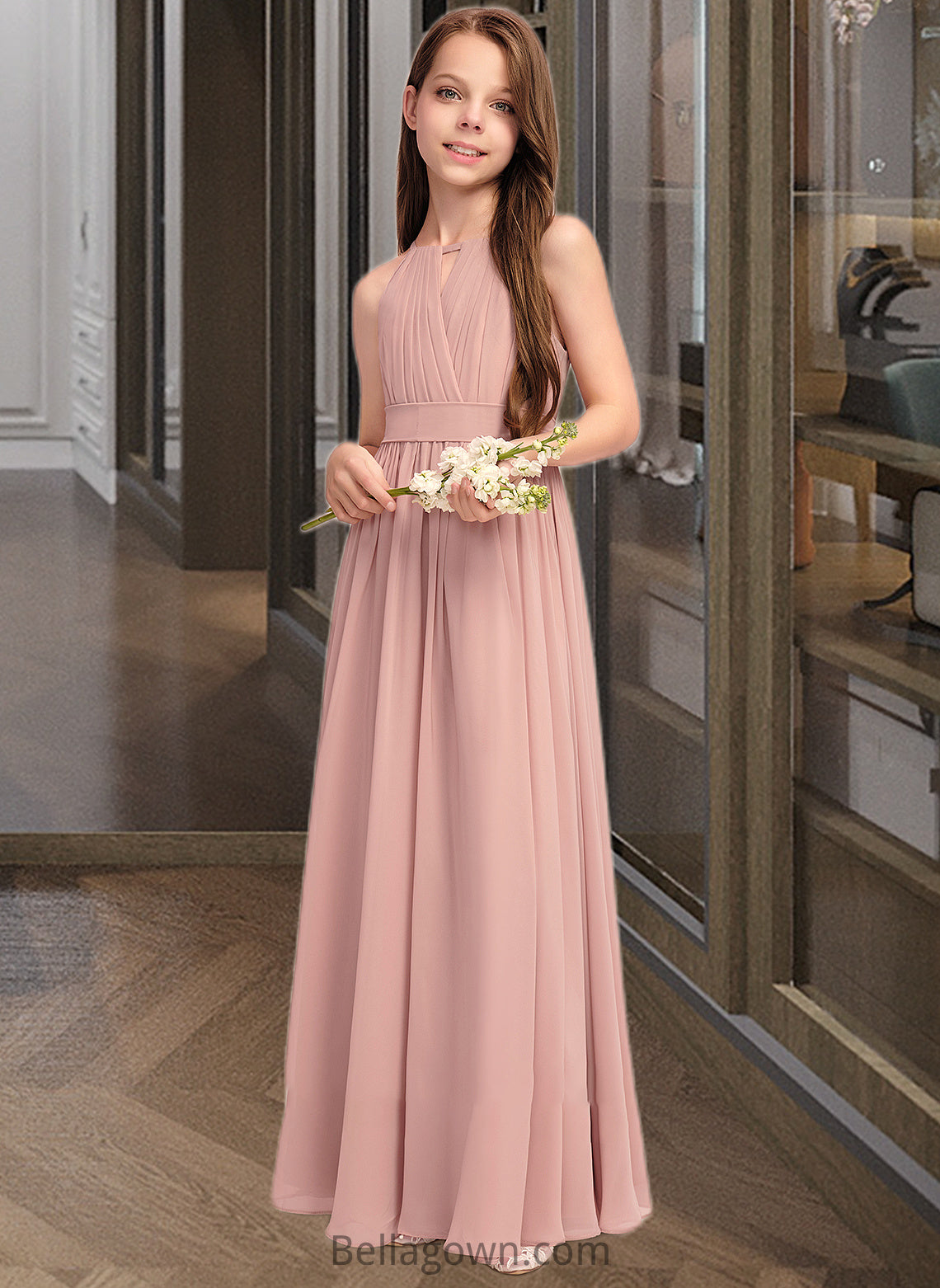 Karly A-Line Scoop Neck Floor-Length Chiffon Junior Bridesmaid Dress With Ruffle Bow(s) DNP0013380