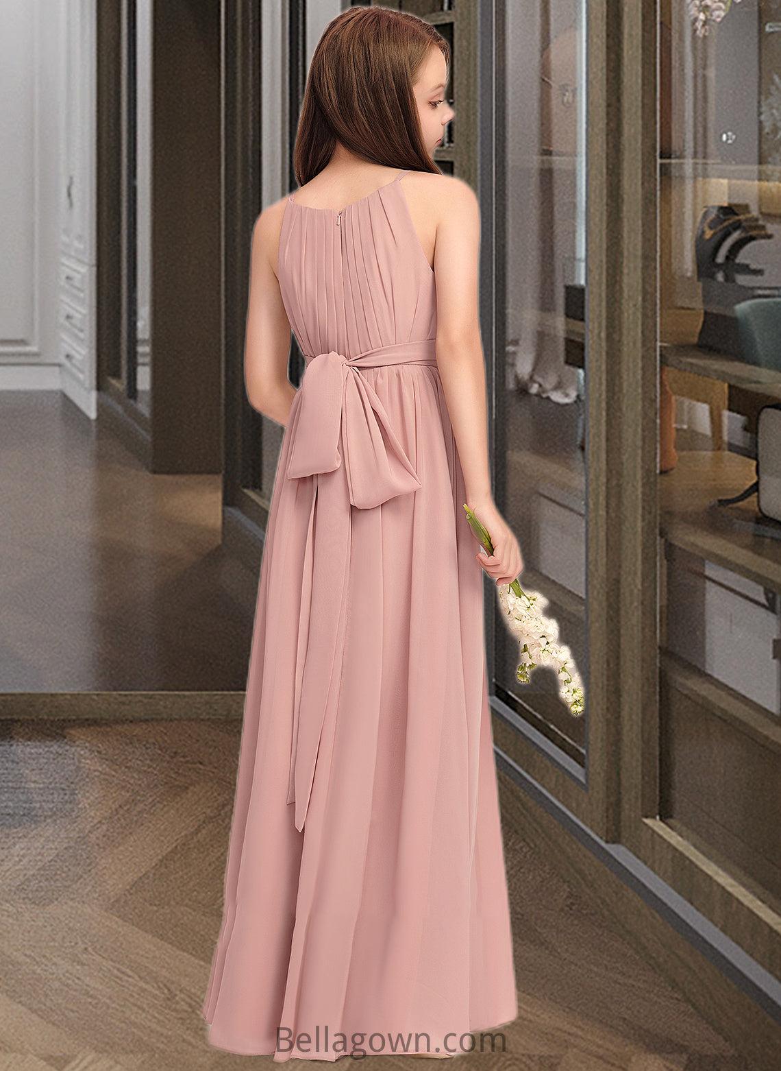 Karly A-Line Scoop Neck Floor-Length Chiffon Junior Bridesmaid Dress With Ruffle Bow(s) DNP0013380