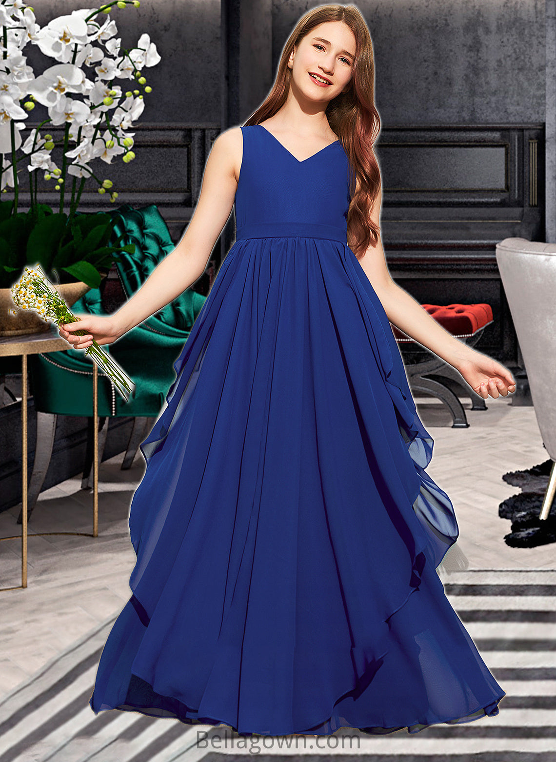 Asia A-Line V-neck Floor-Length Chiffon Junior Bridesmaid Dress With Cascading Ruffles DNP0013381