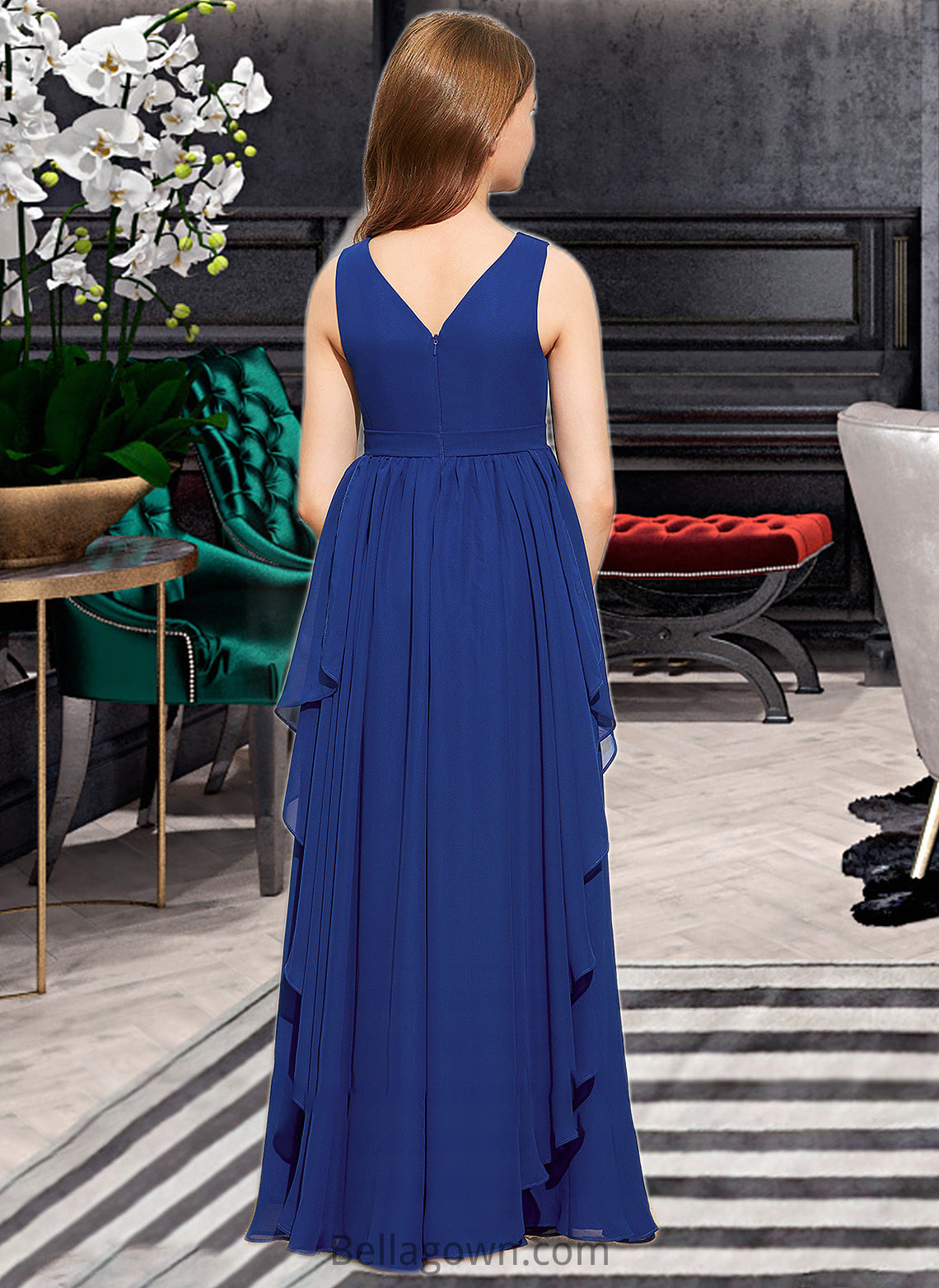 Asia A-Line V-neck Floor-Length Chiffon Junior Bridesmaid Dress With Cascading Ruffles DNP0013381