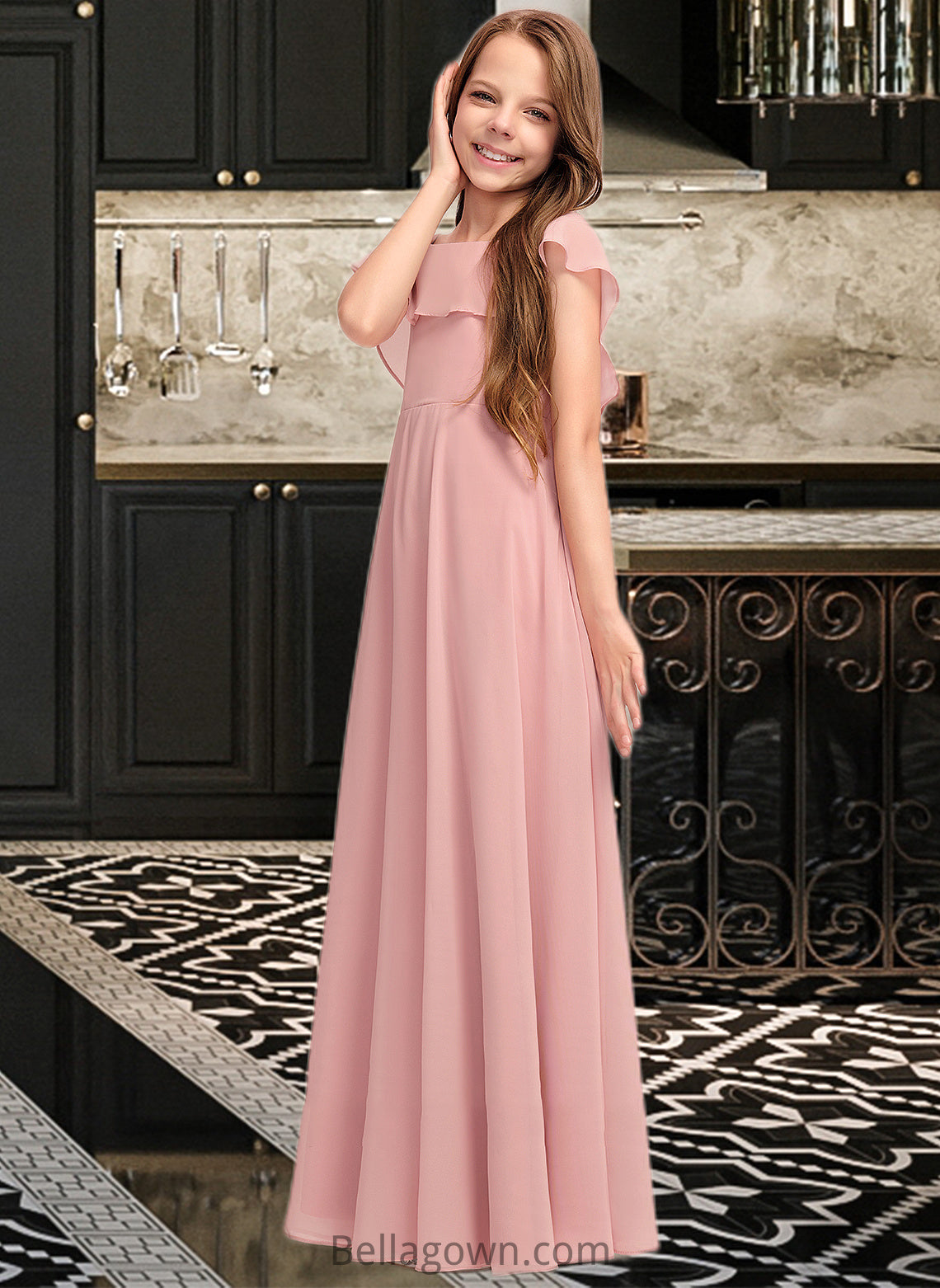 Philippa A-Line Scoop Neck Floor-Length Chiffon Junior Bridesmaid Dress With Cascading Ruffles DNP0013382