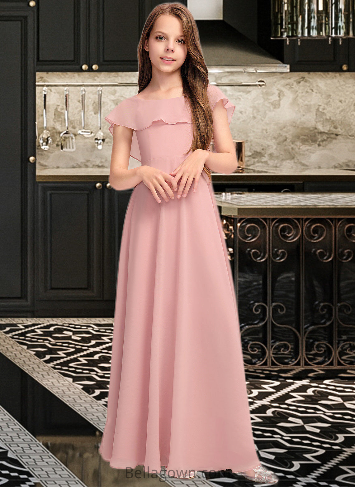 Philippa A-Line Scoop Neck Floor-Length Chiffon Junior Bridesmaid Dress With Cascading Ruffles DNP0013382