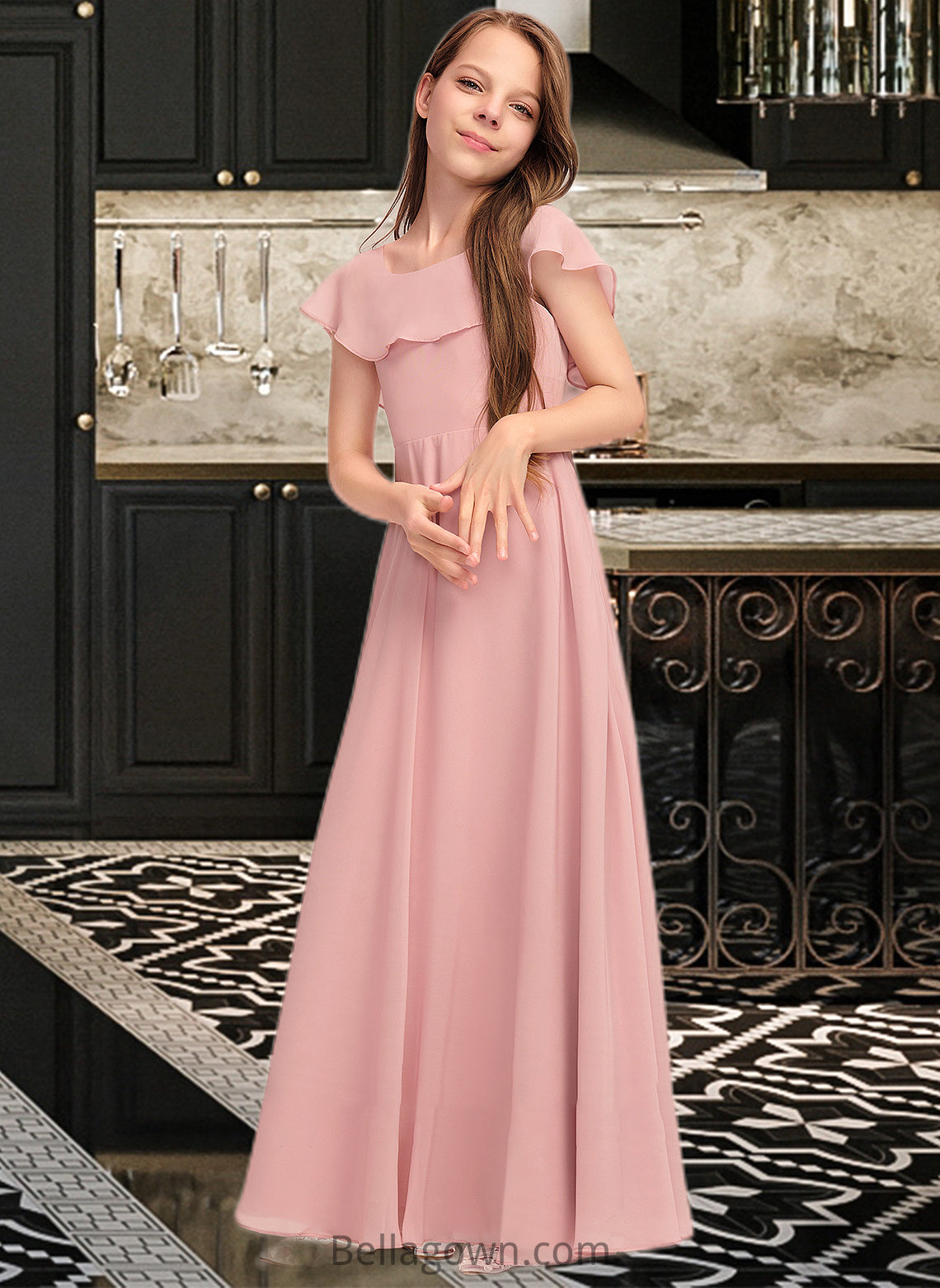 Philippa A-Line Scoop Neck Floor-Length Chiffon Junior Bridesmaid Dress With Cascading Ruffles DNP0013382