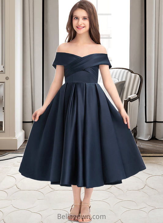 Miracle A-Line Off-the-Shoulder Tea-Length Satin Junior Bridesmaid Dress With Ruffle Pockets DNP0013383