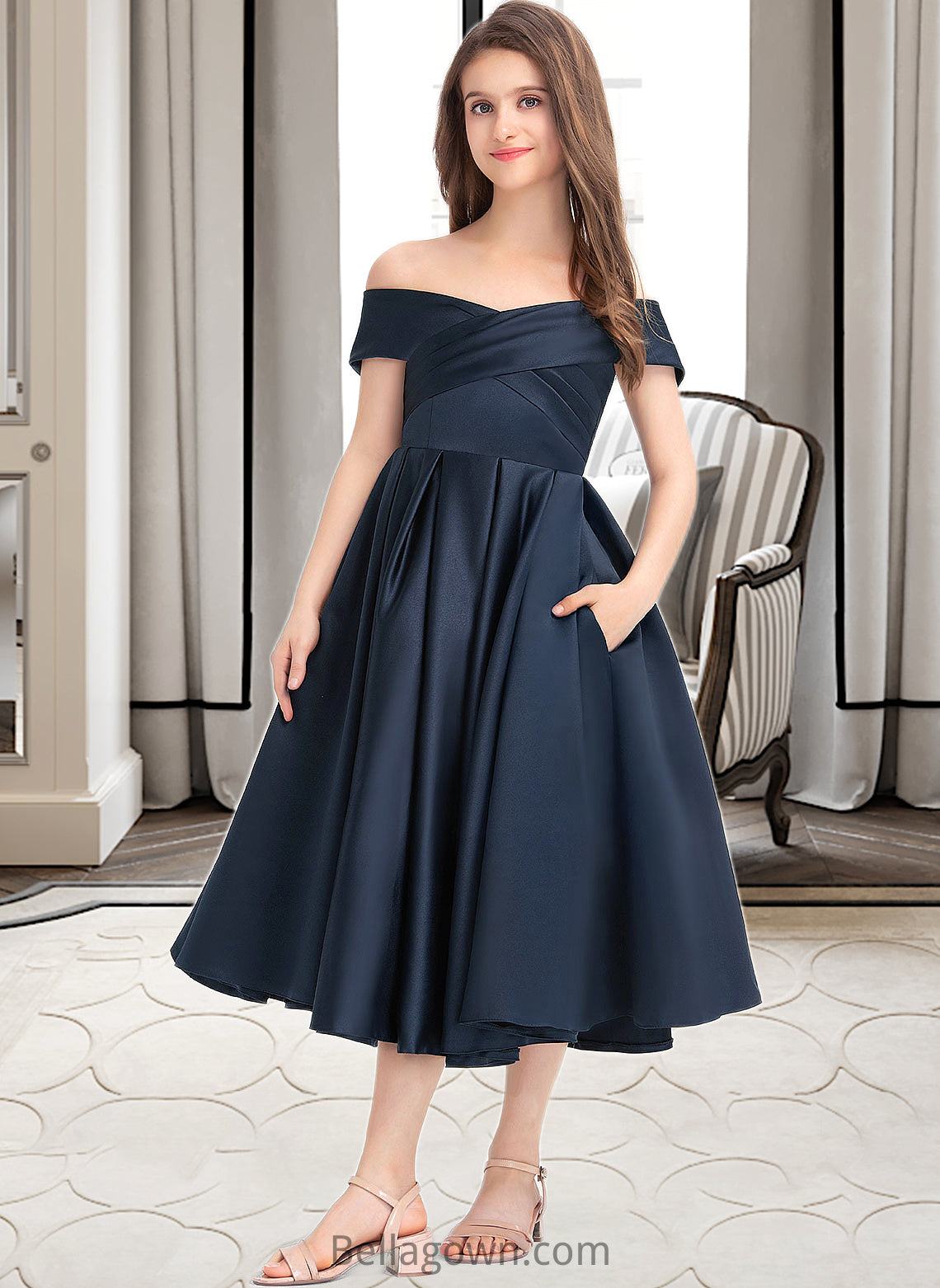 Miracle A-Line Off-the-Shoulder Tea-Length Satin Junior Bridesmaid Dress With Ruffle Pockets DNP0013383