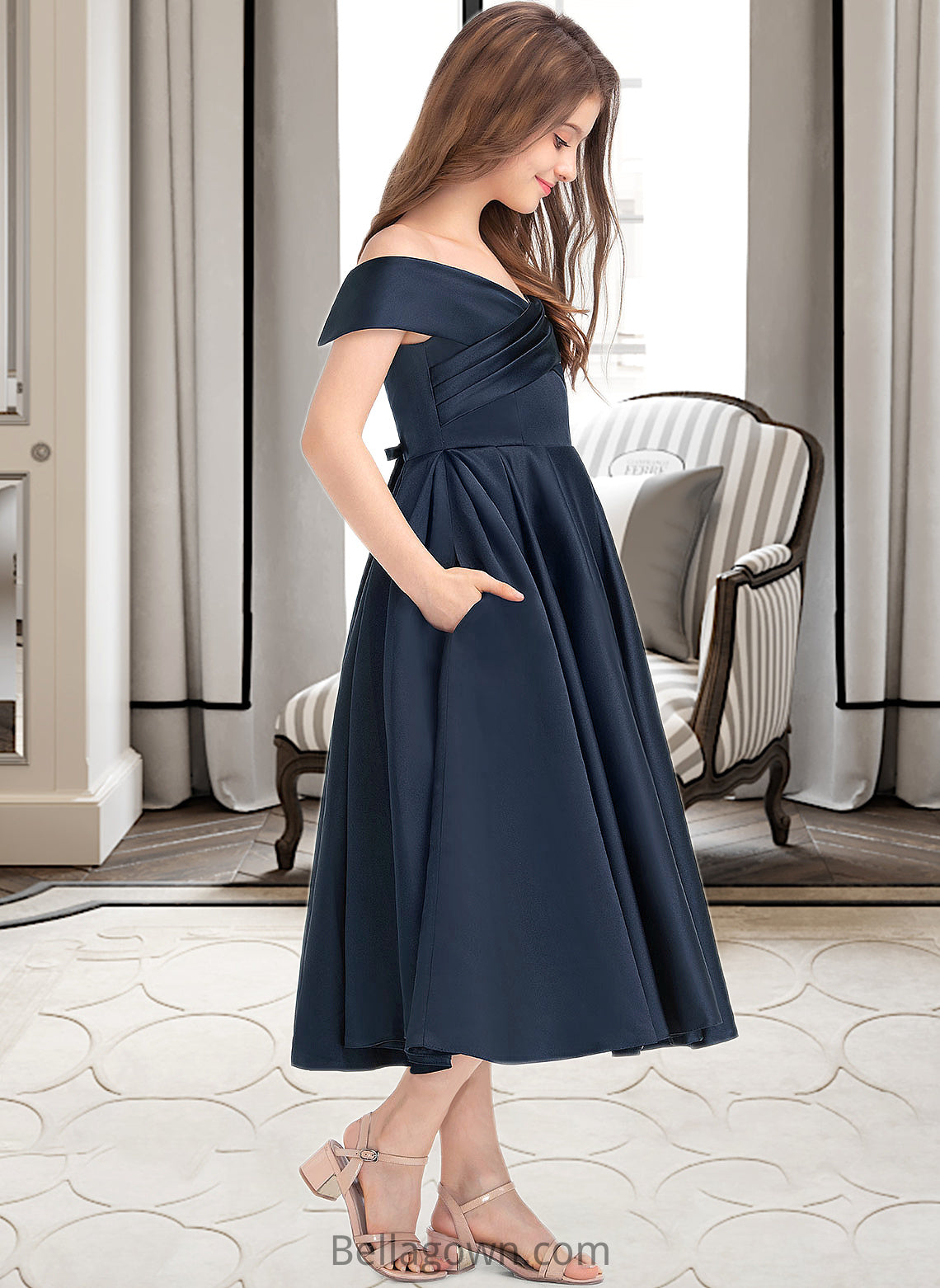 Miracle A-Line Off-the-Shoulder Tea-Length Satin Junior Bridesmaid Dress With Ruffle Pockets DNP0013383