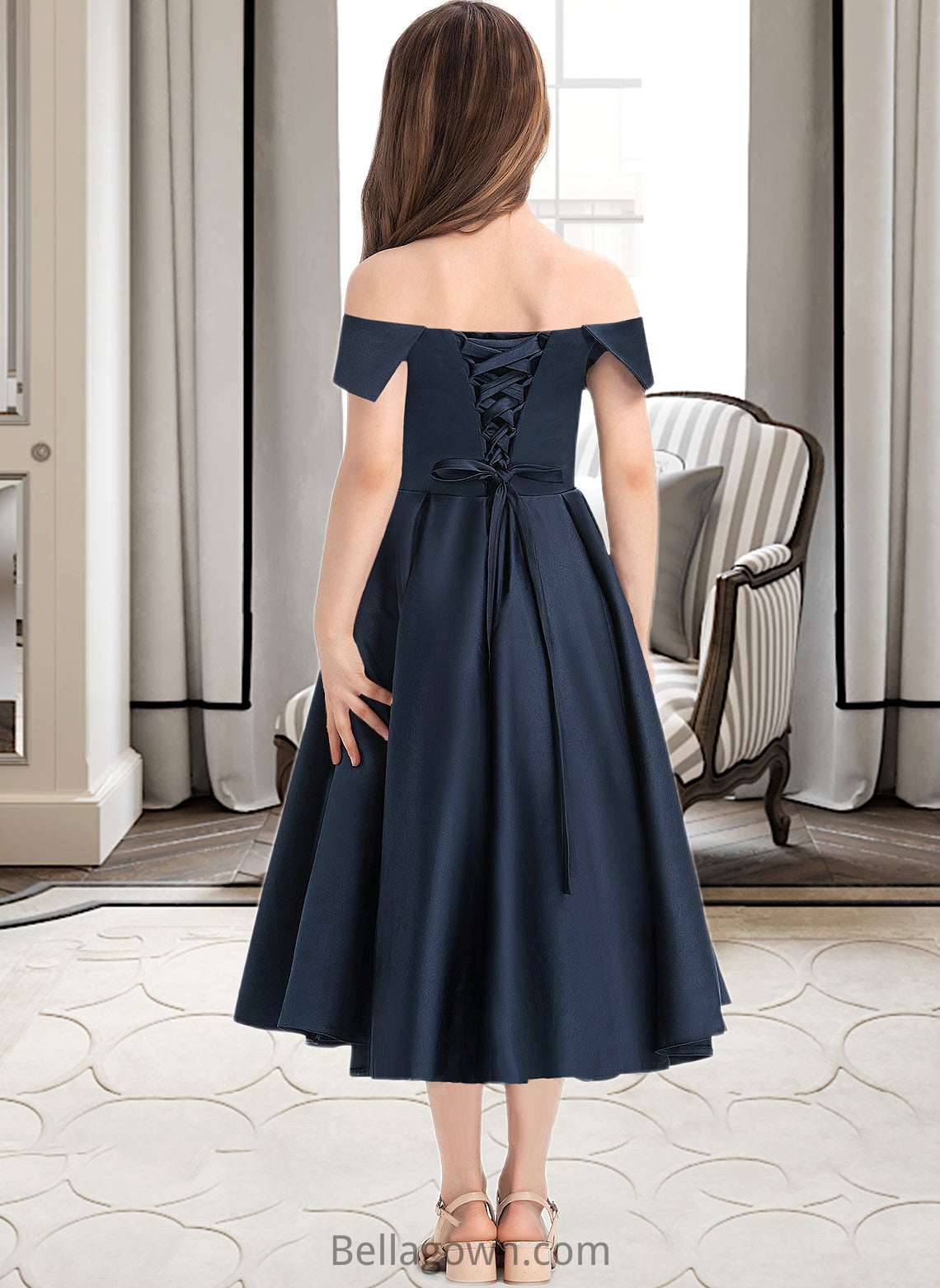 Miracle A-Line Off-the-Shoulder Tea-Length Satin Junior Bridesmaid Dress With Ruffle Pockets DNP0013383