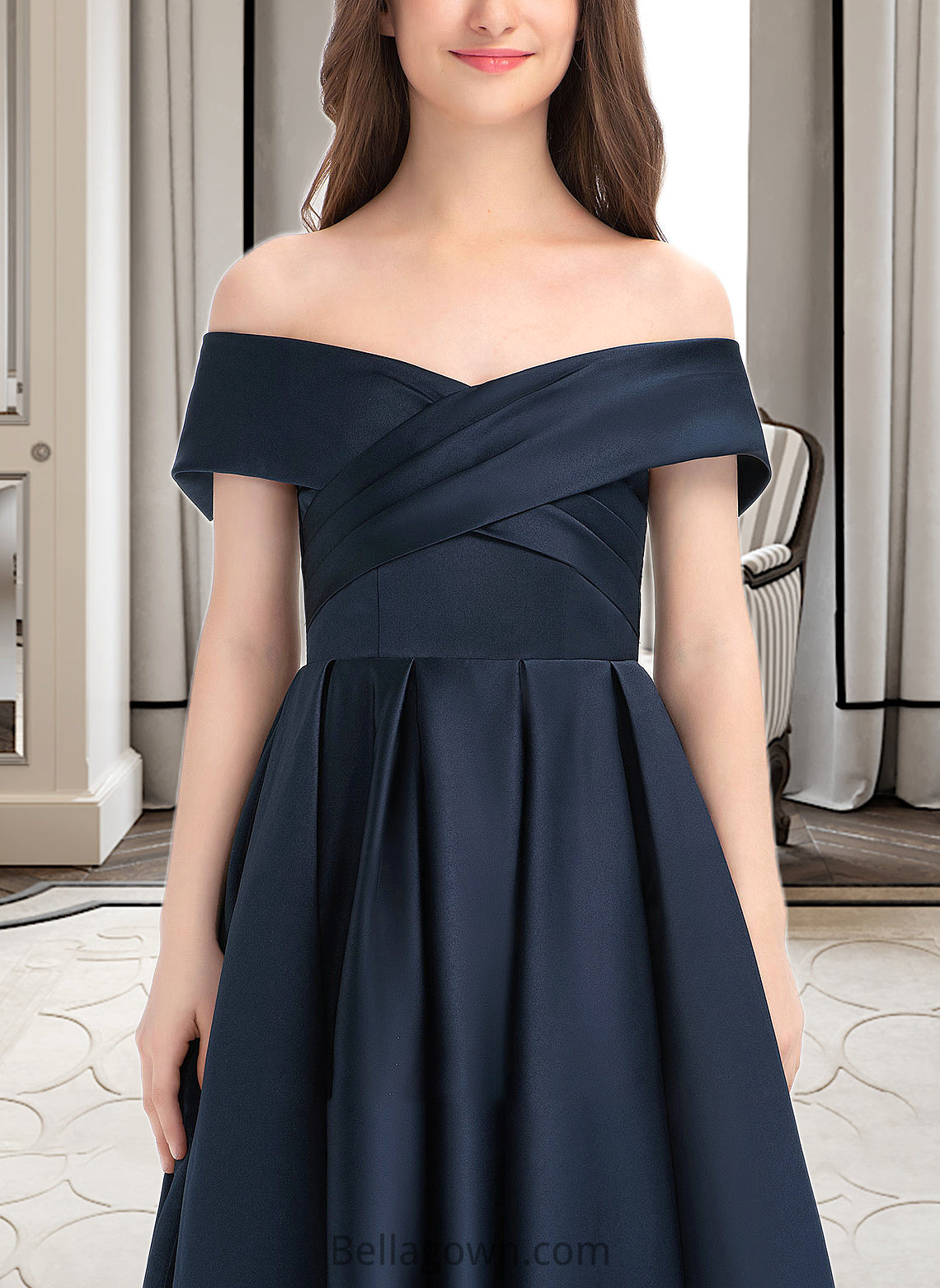 Miracle A-Line Off-the-Shoulder Tea-Length Satin Junior Bridesmaid Dress With Ruffle Pockets DNP0013383