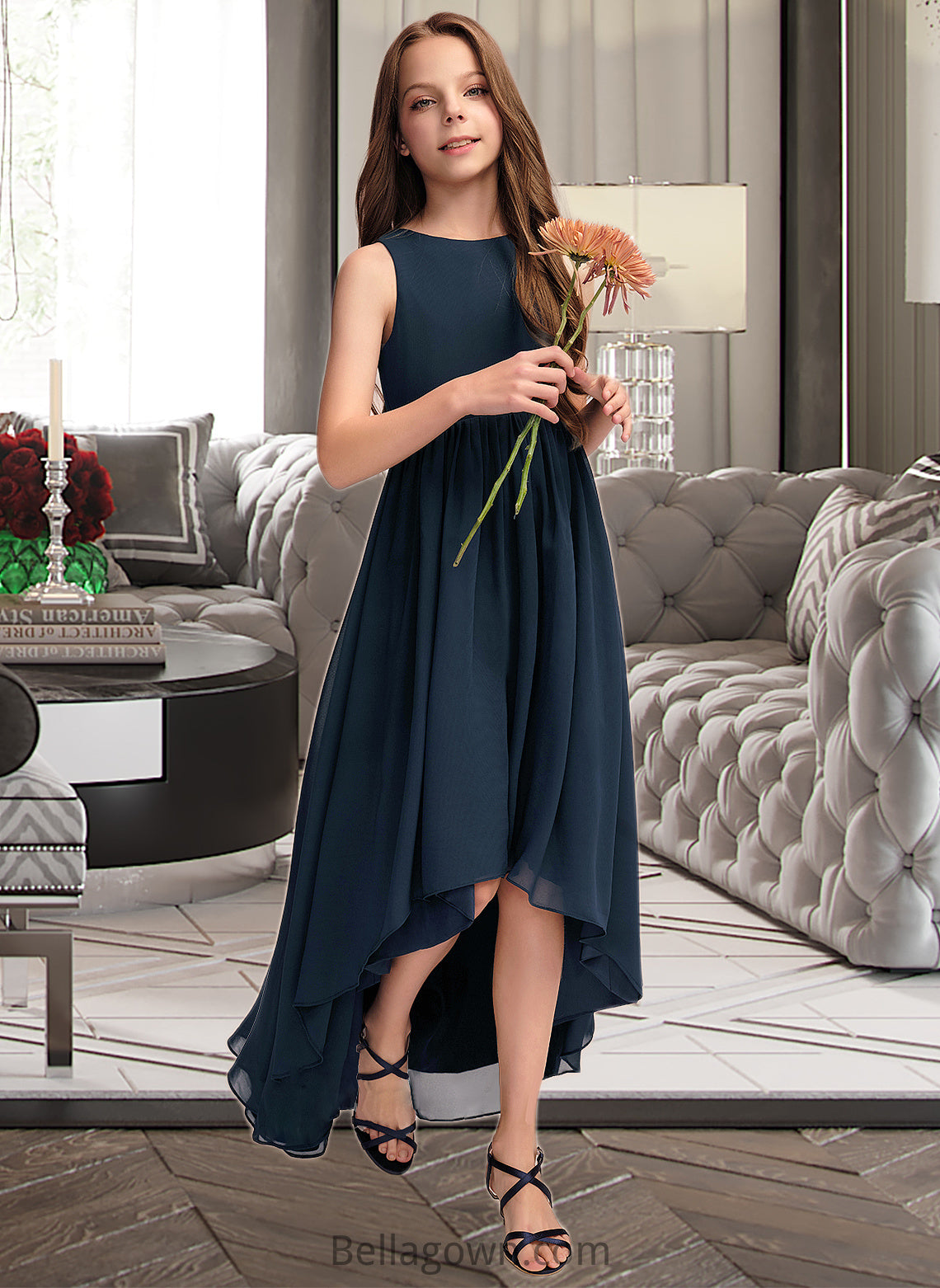 Sabrina A-Line Scoop Neck Asymmetrical Chiffon Junior Bridesmaid Dress DNP0013384