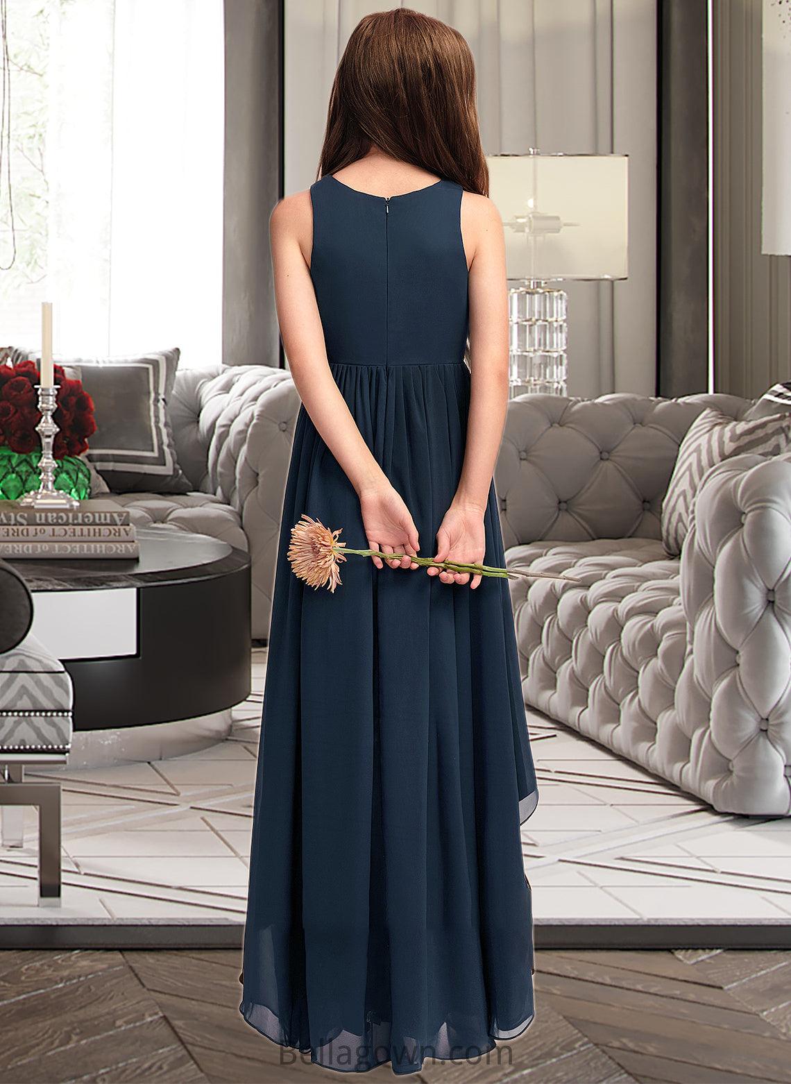 Sabrina A-Line Scoop Neck Asymmetrical Chiffon Junior Bridesmaid Dress DNP0013384