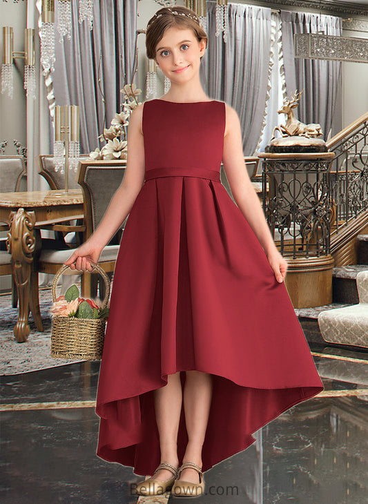 Brielle A-Line Scoop Neck Asymmetrical Satin Junior Bridesmaid Dress With Ruffle Pockets DNP0013385